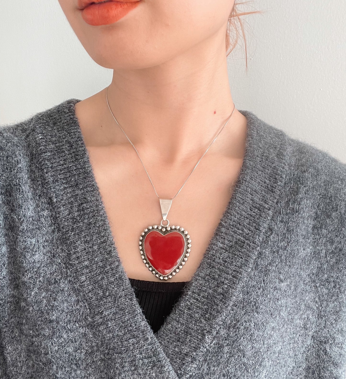 Vintage Red Jasper Huge Heart Necklace.