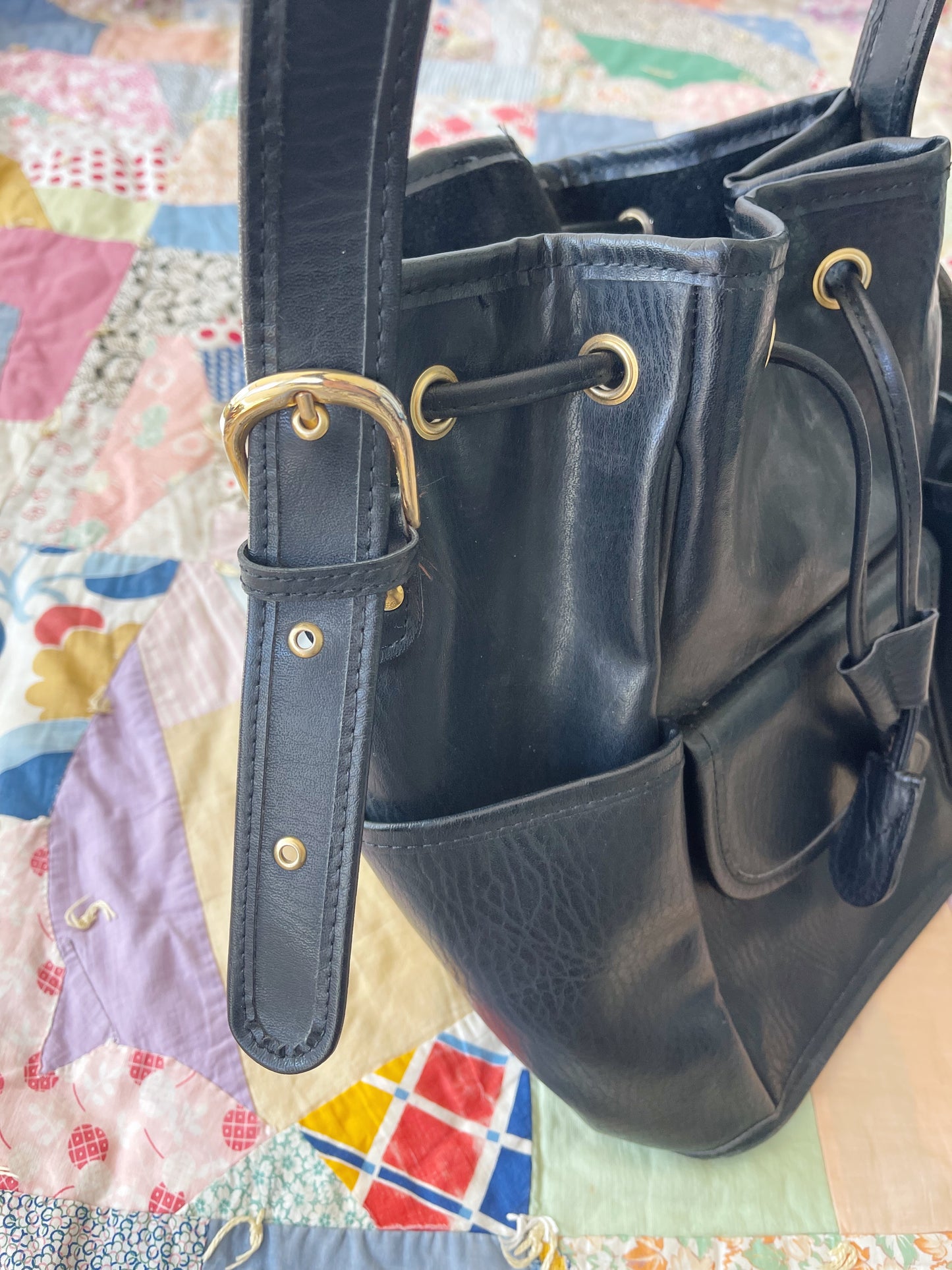 Black Leather Bucket Shoulder Bag