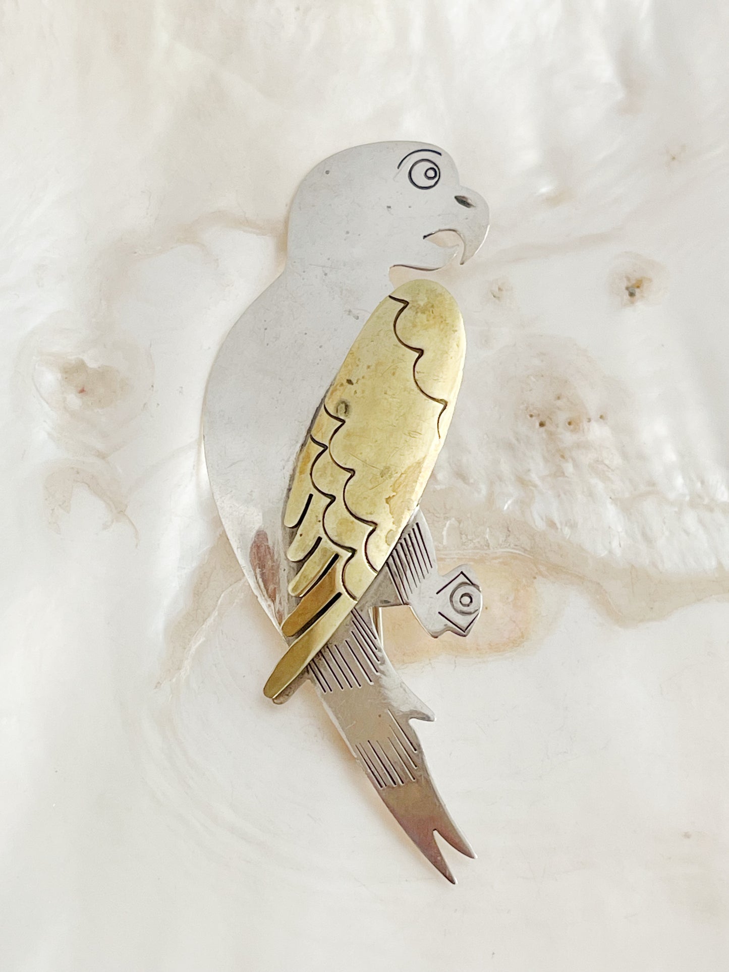 Vintage Bird Brass and Silver Brooch Pin.