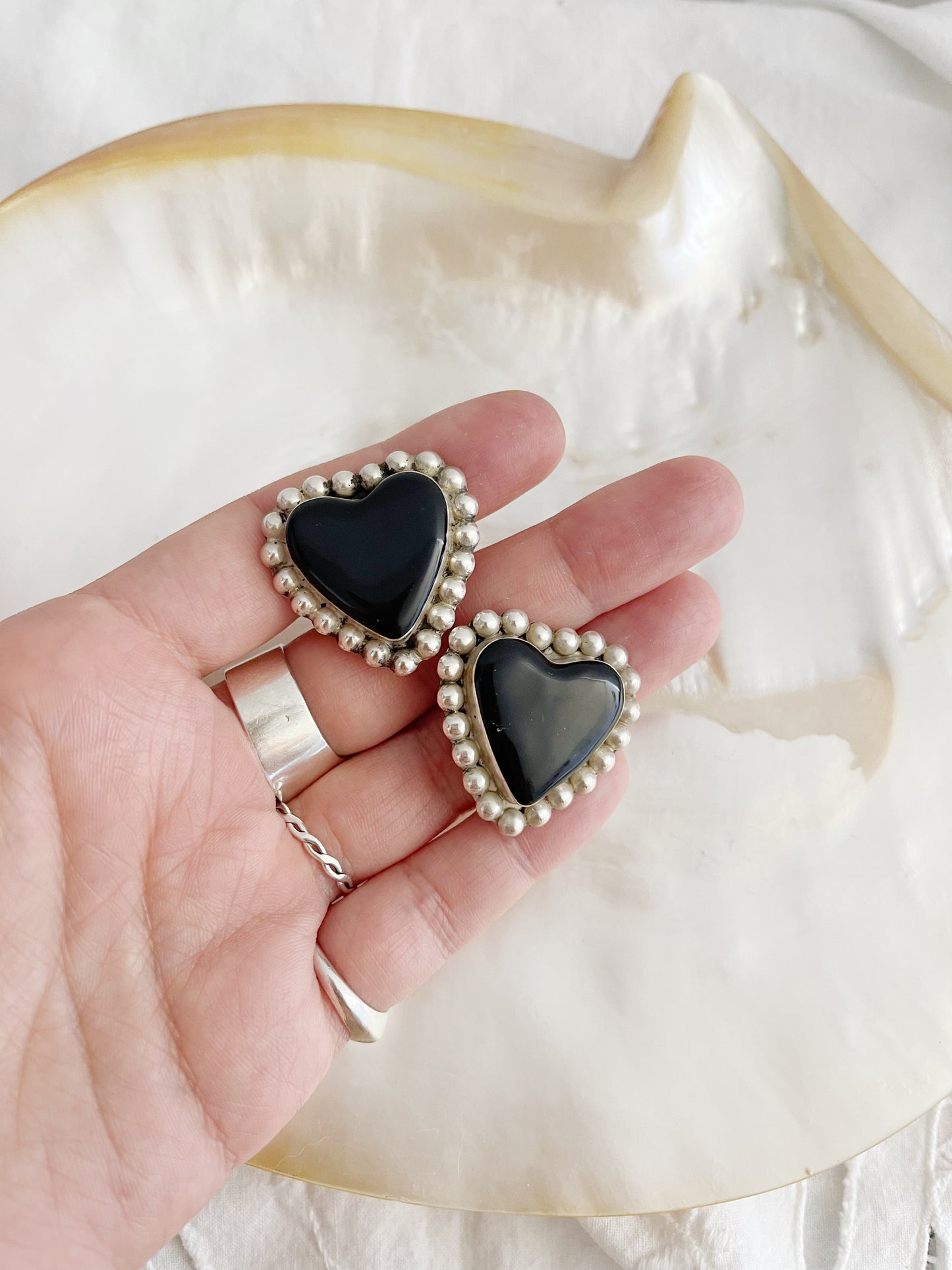 Vintage Onyx Heart Silver Earrings.