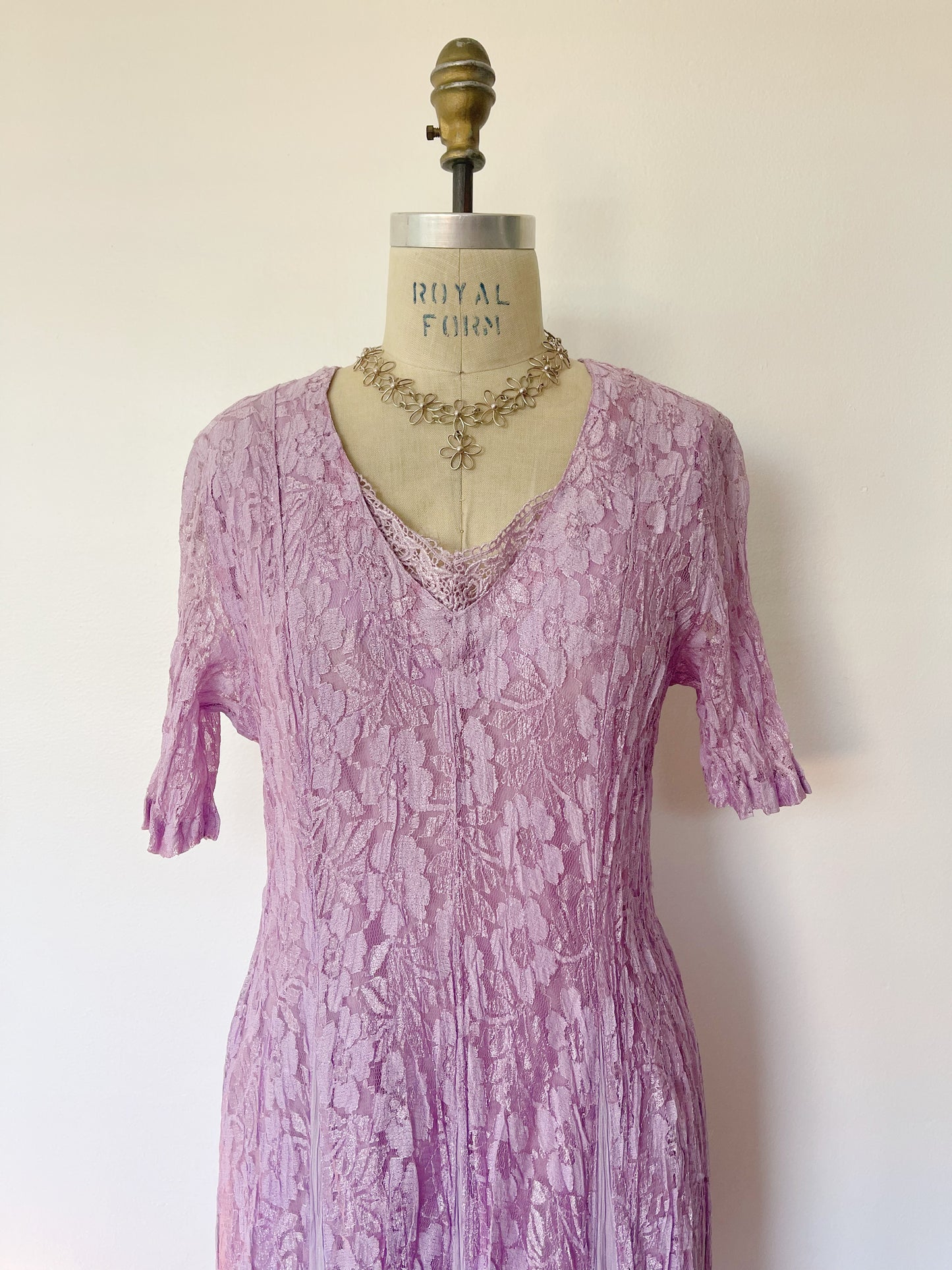 1990s Rayon Purple Color Lace Maxi Dress