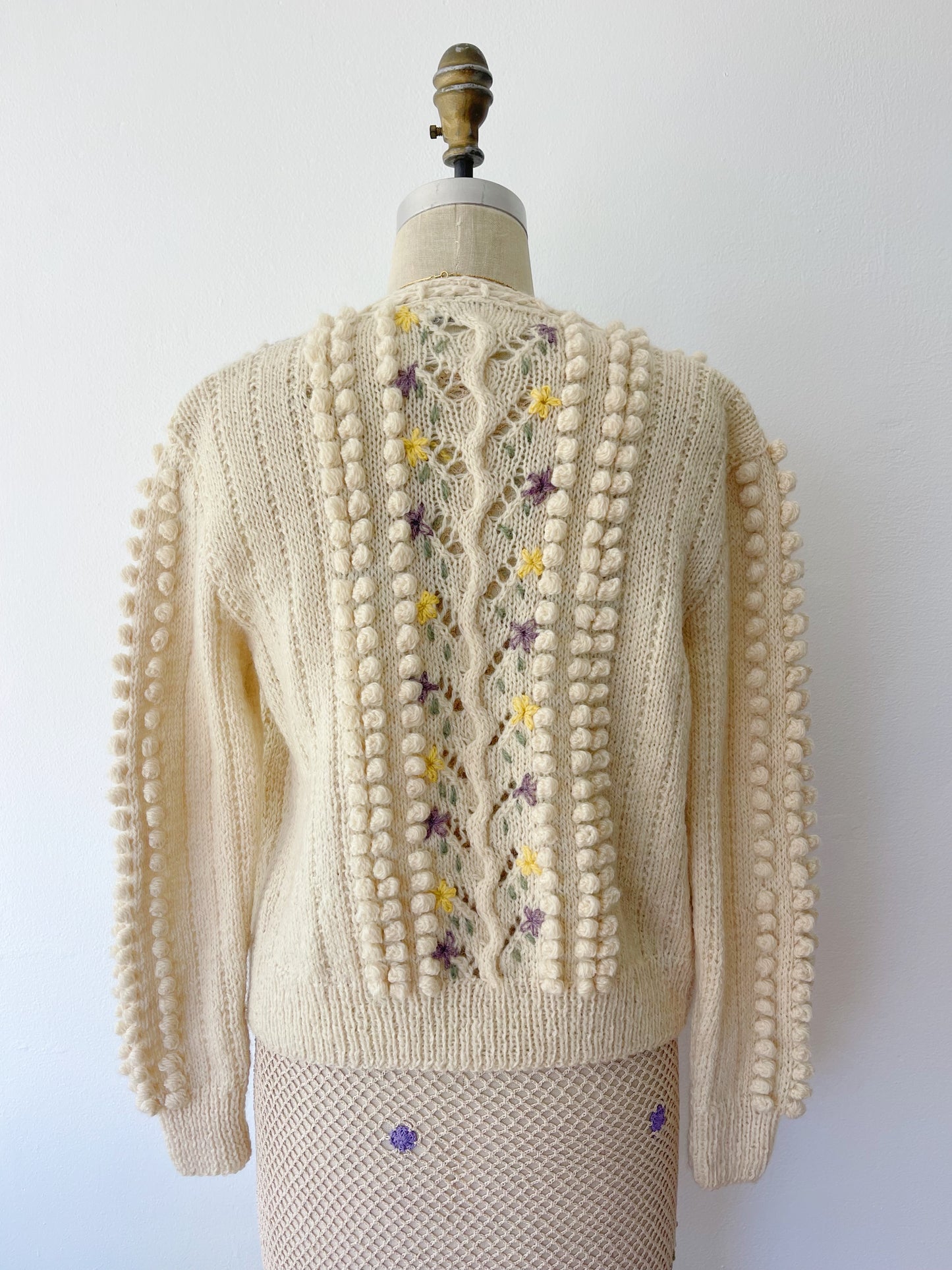 1970s Pom Pom Flower Knit Cardigan
