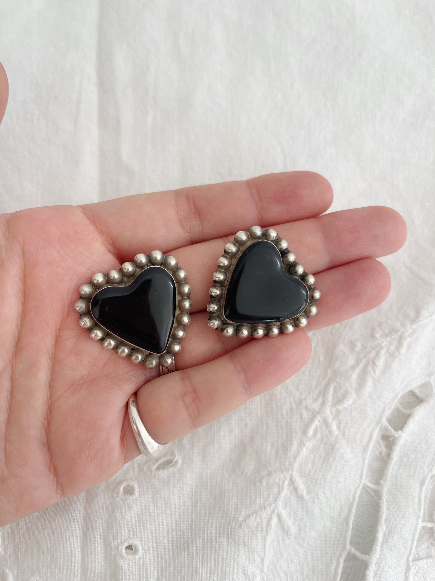 Vintage Onyx Heart Silver Earrings.