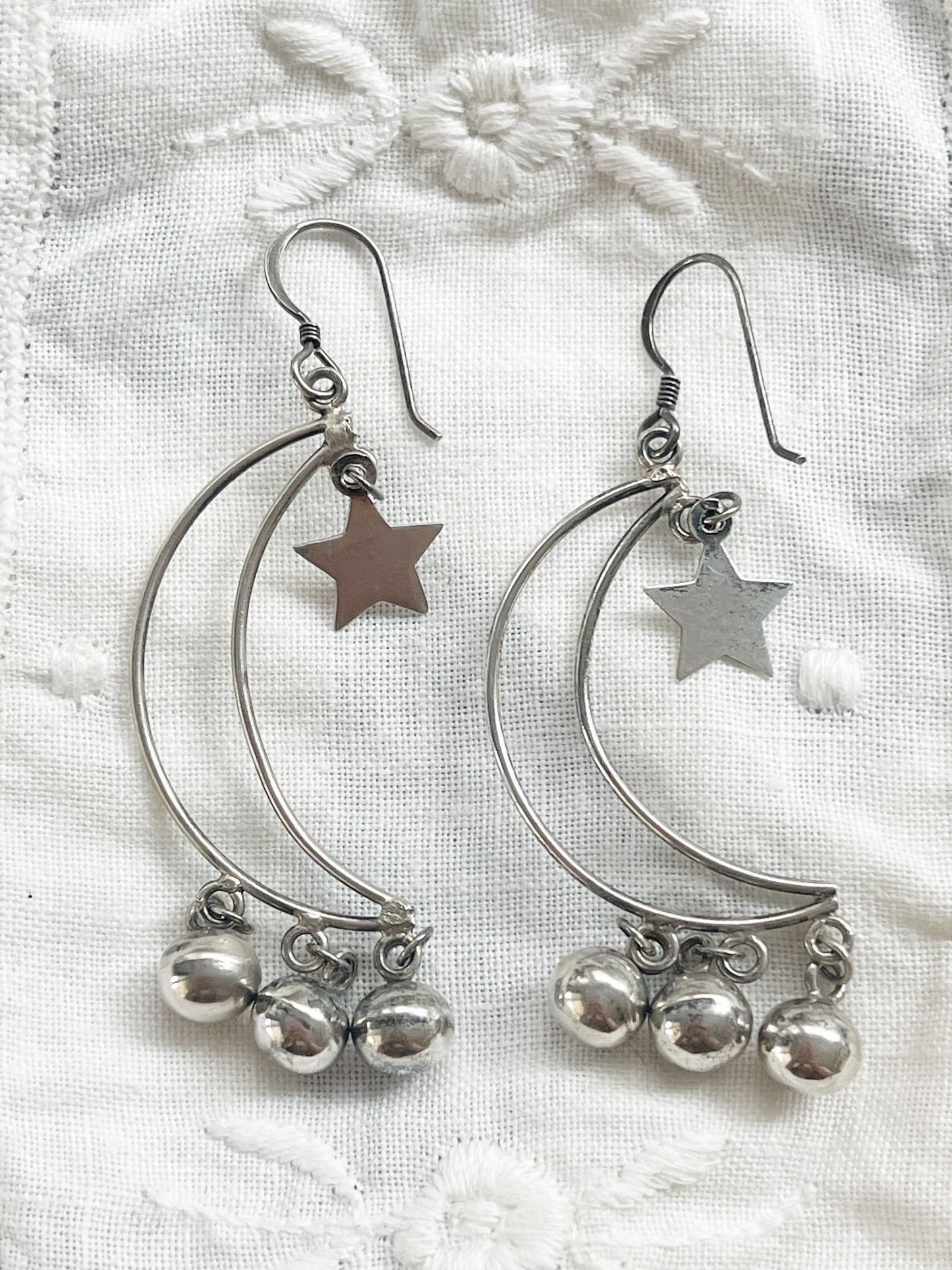 Vintage Crescent Moon with Stars Silver 925 Pierce