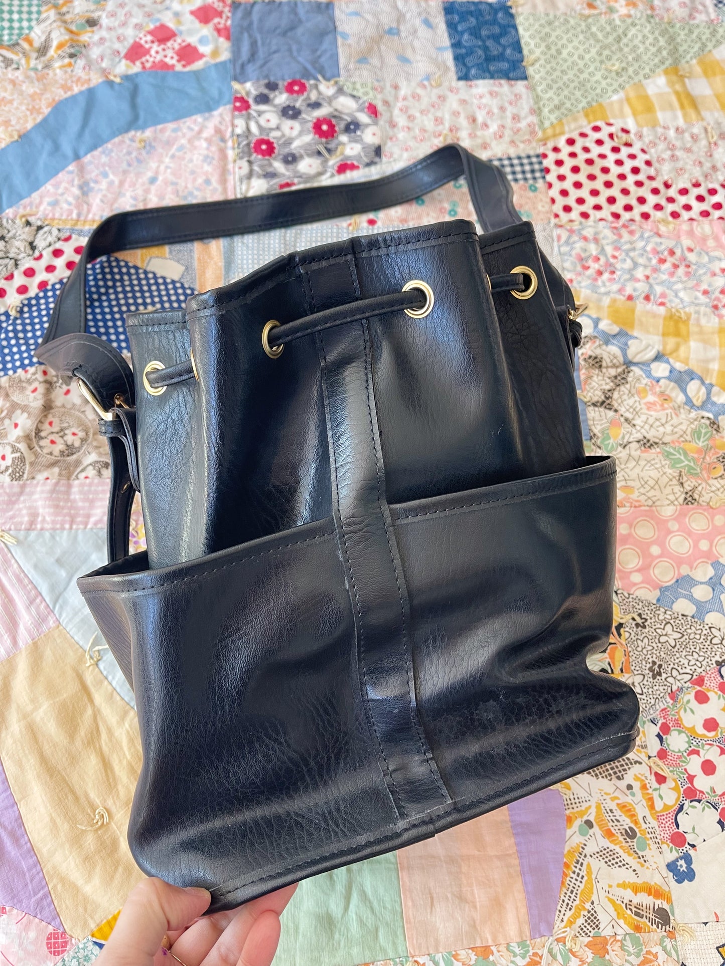 Black Leather Bucket Shoulder Bag