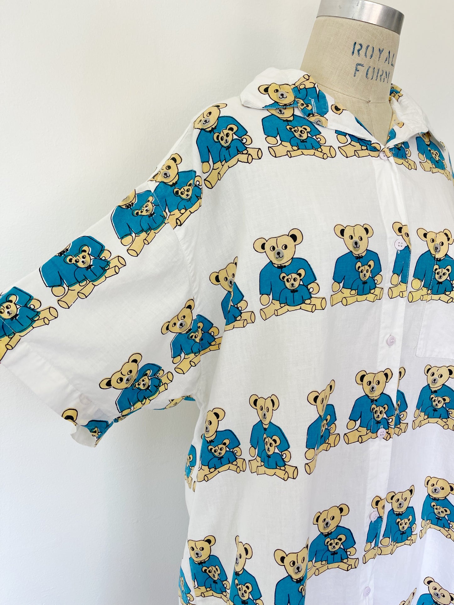 Vintage Bear Printed Unique Long Shirt (Blue)