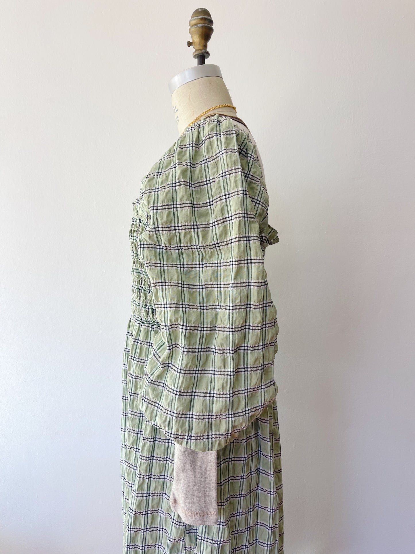 Checked Puff Sleeve Long Dress