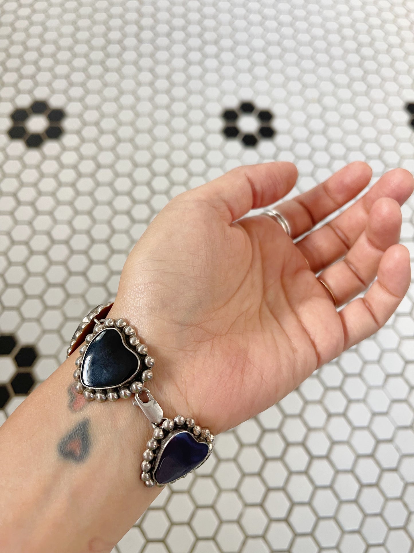 Vintage Mulch Stone Heart Silver Bracelet
