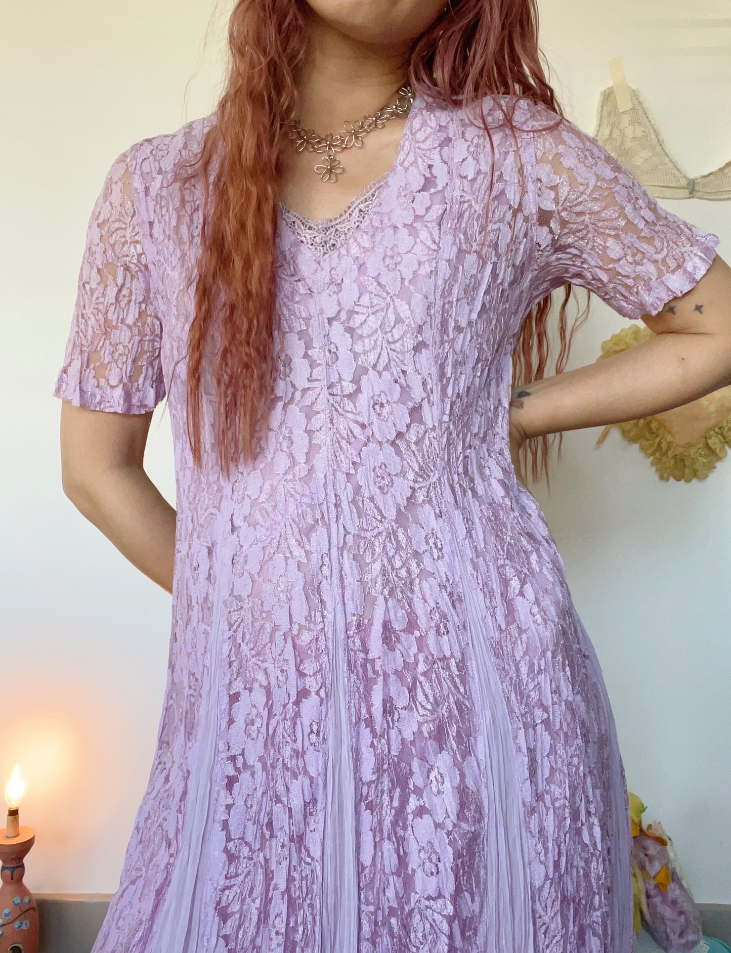 1990s Rayon Purple Color Lace Maxi Dress