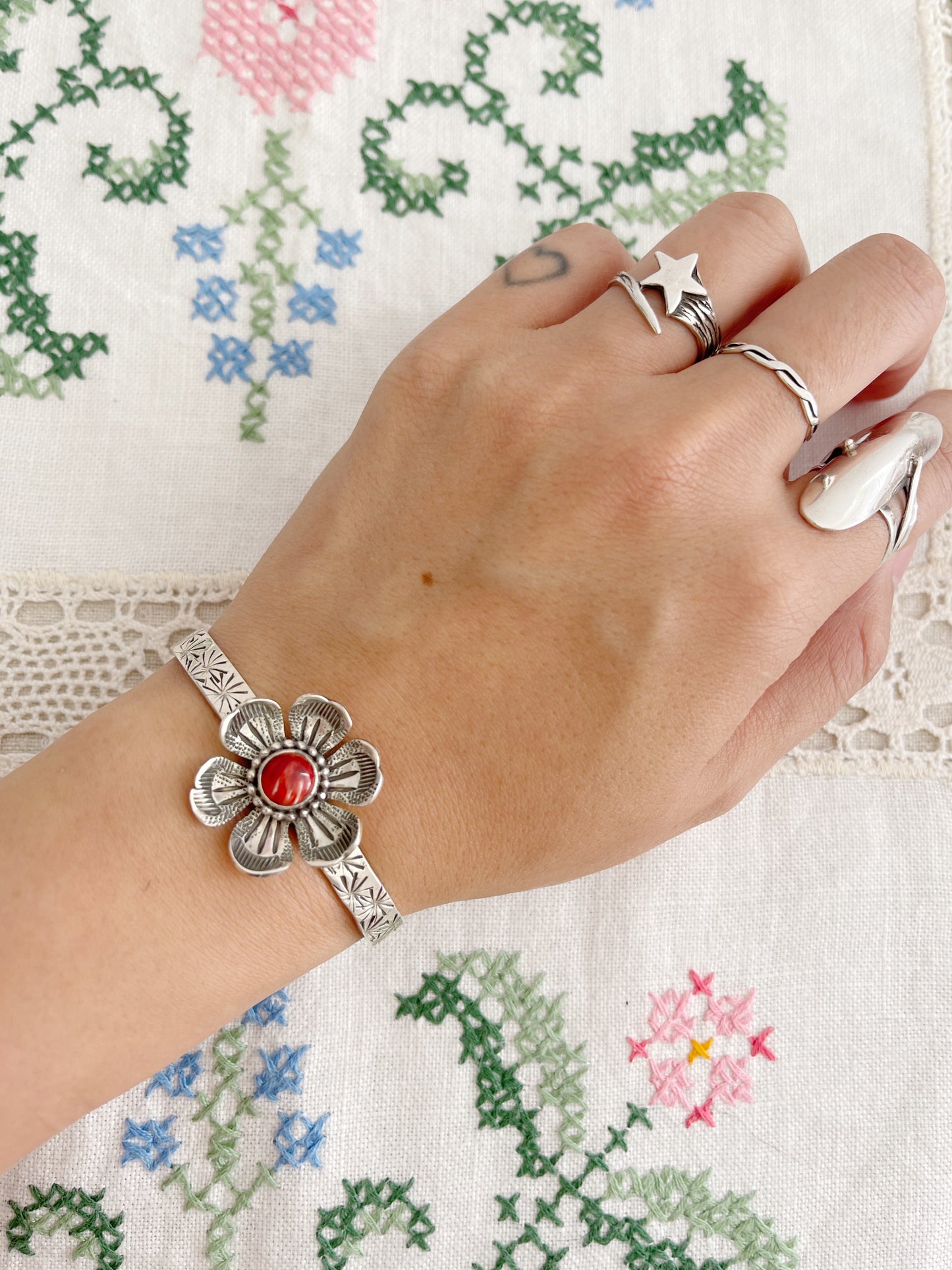 Navajo Karlene Goodluck Silver Flowered Bangle.