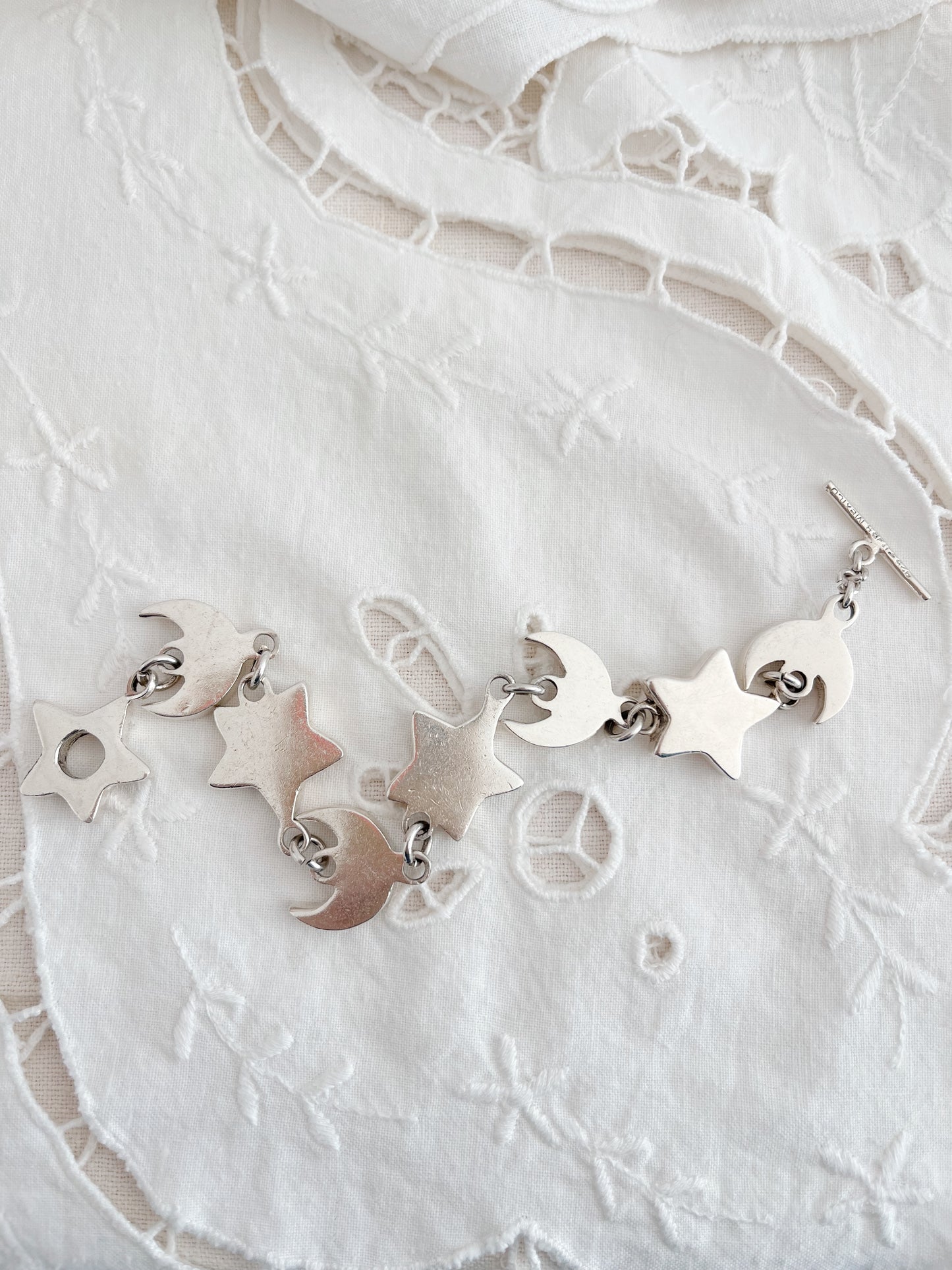 Vintage Heavy Silver Moon and Star Bracelet