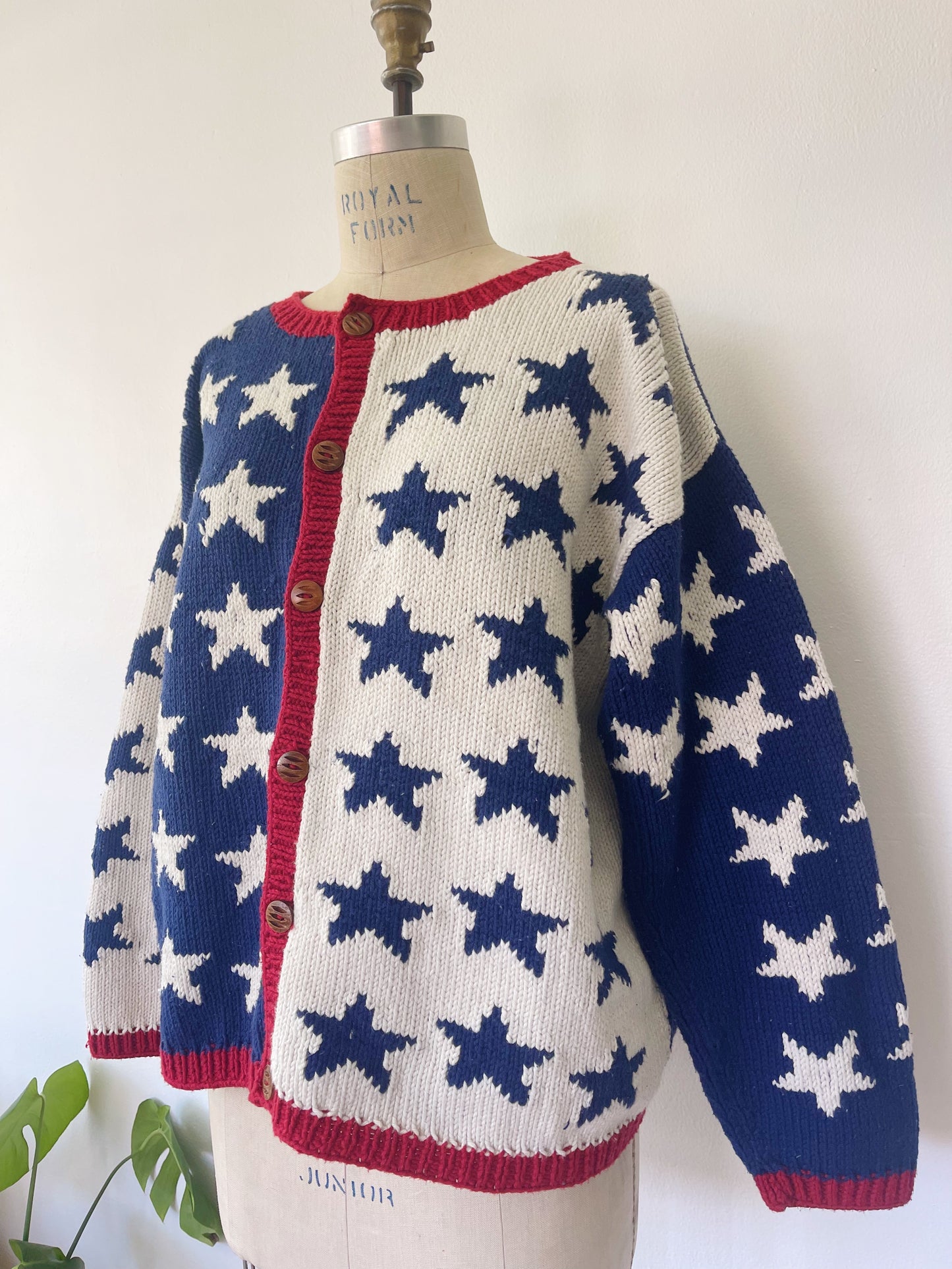 1990s U.S.A.Stars Cotton Hand Knitted Cardigan