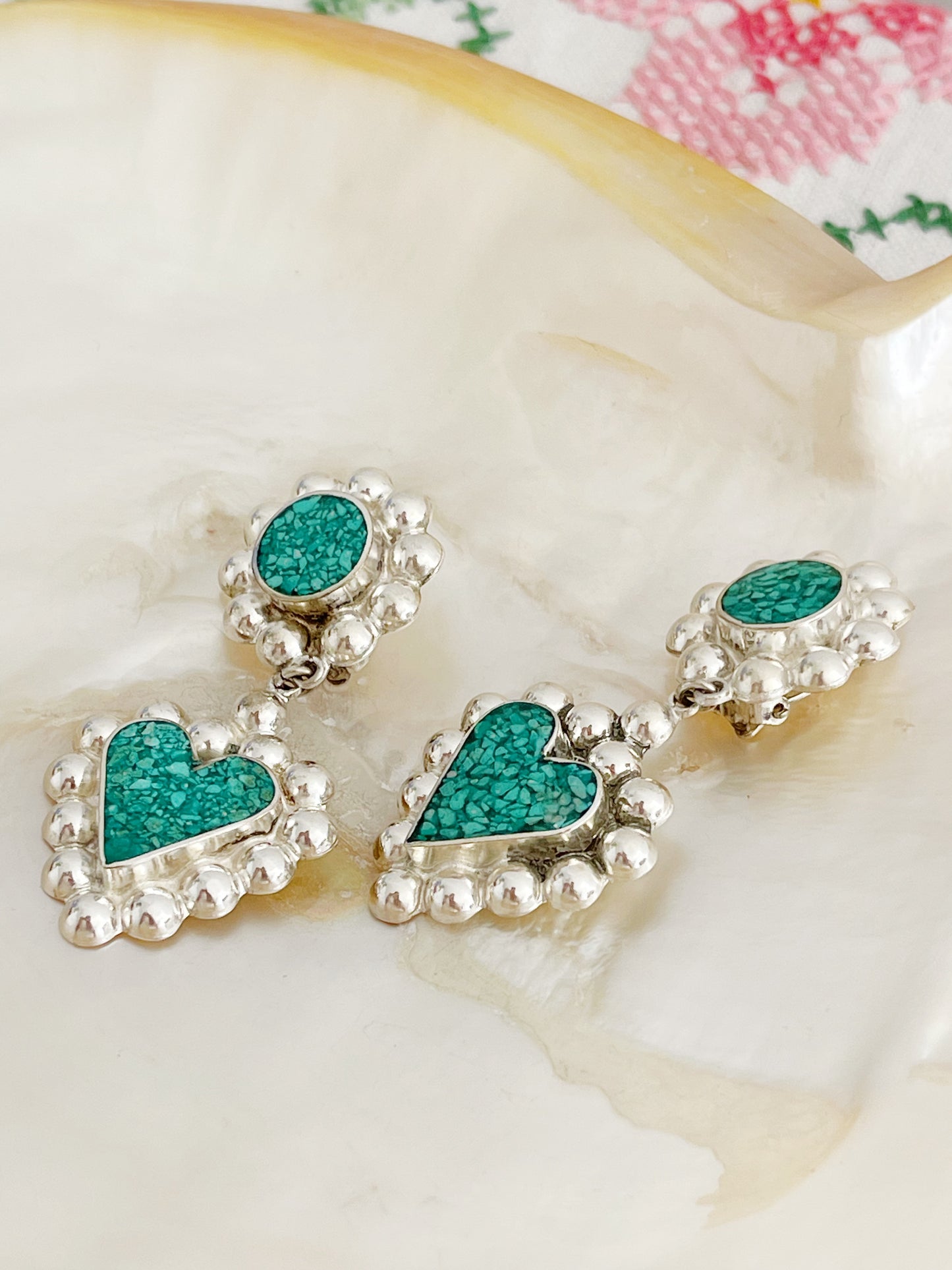 Vintage Crushed Turquoise Heart Earrings.