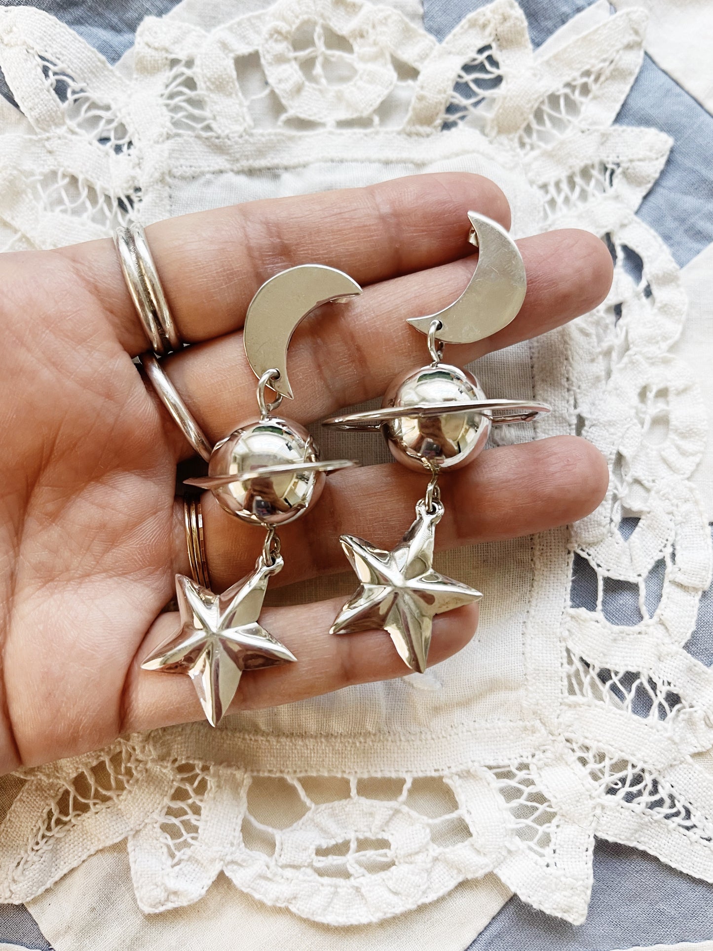 Rare ! Vintage Galaxy Planet Silver 925 Pierce