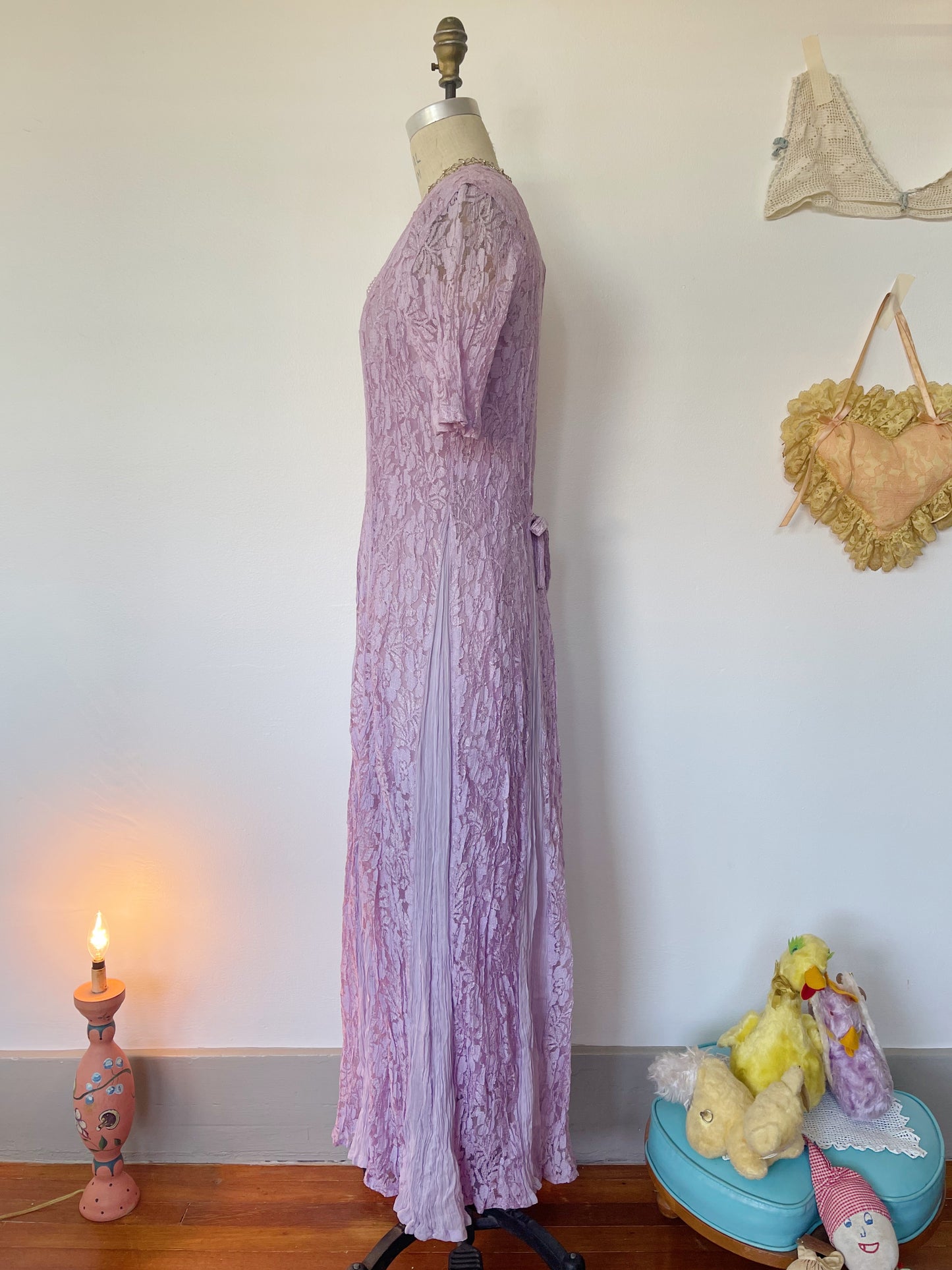 1990s Rayon Purple Color Lace Maxi Dress