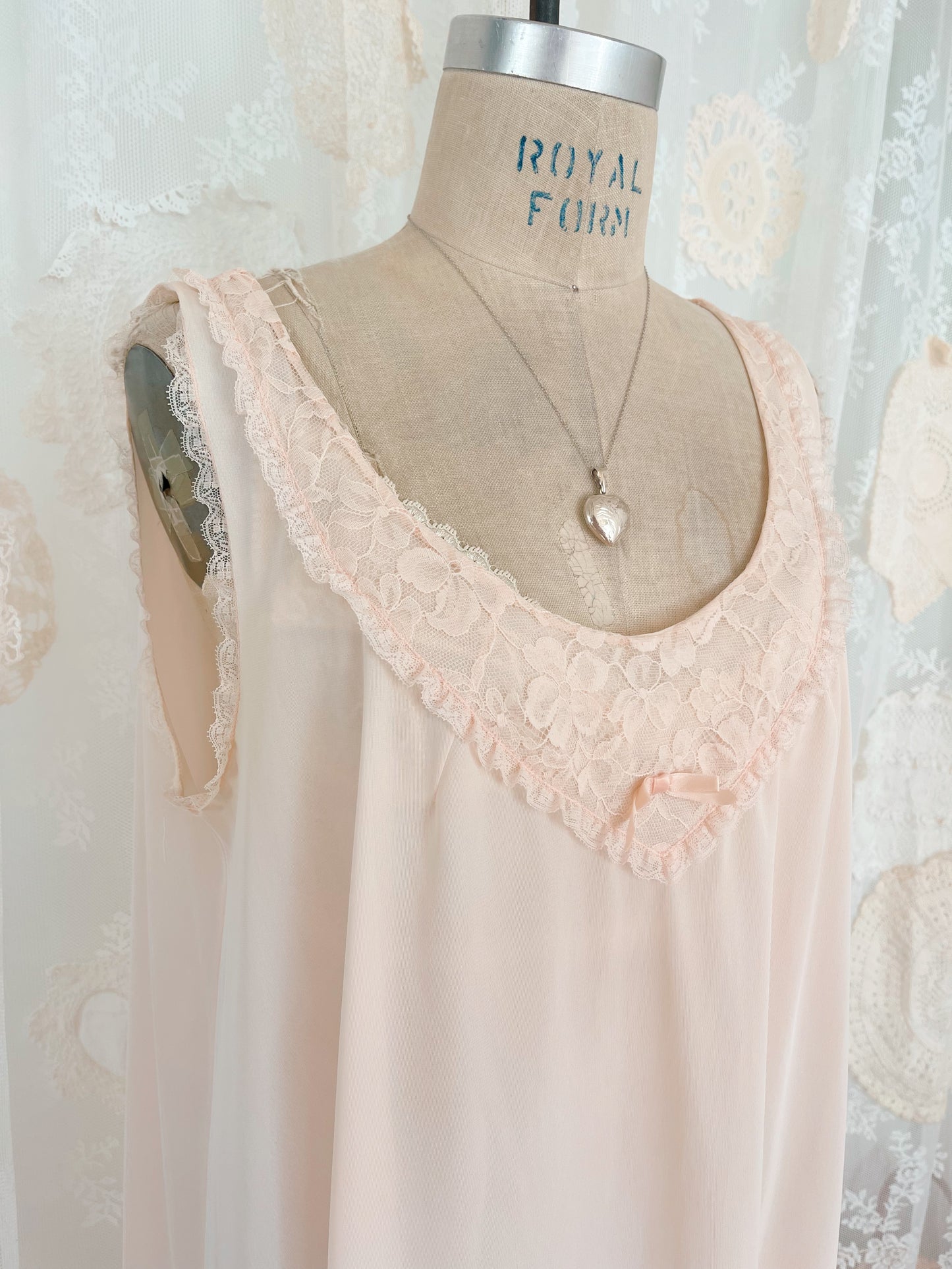 1960s Ribbon Lace Long Night Robe and Slip Dress