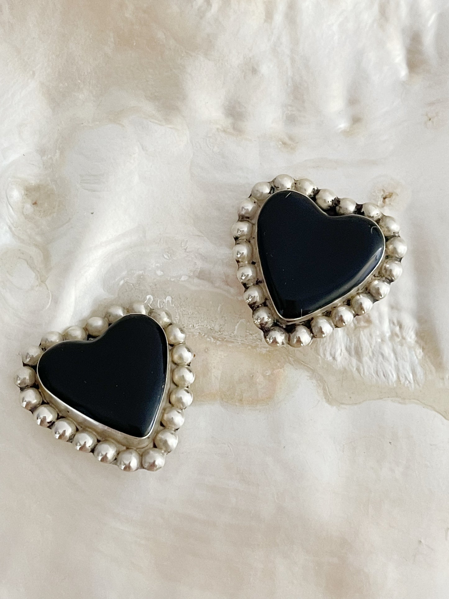 Vintage Onyx Heart Silver Earrings.