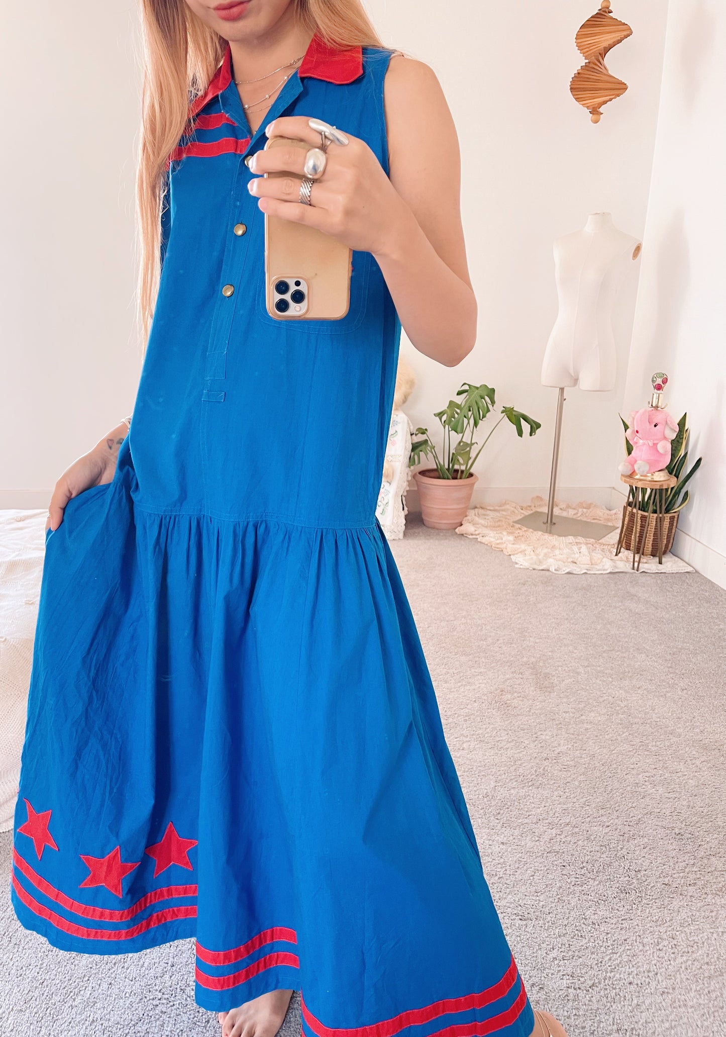 1980’s Blue and Red Ster LongCotton Dress.