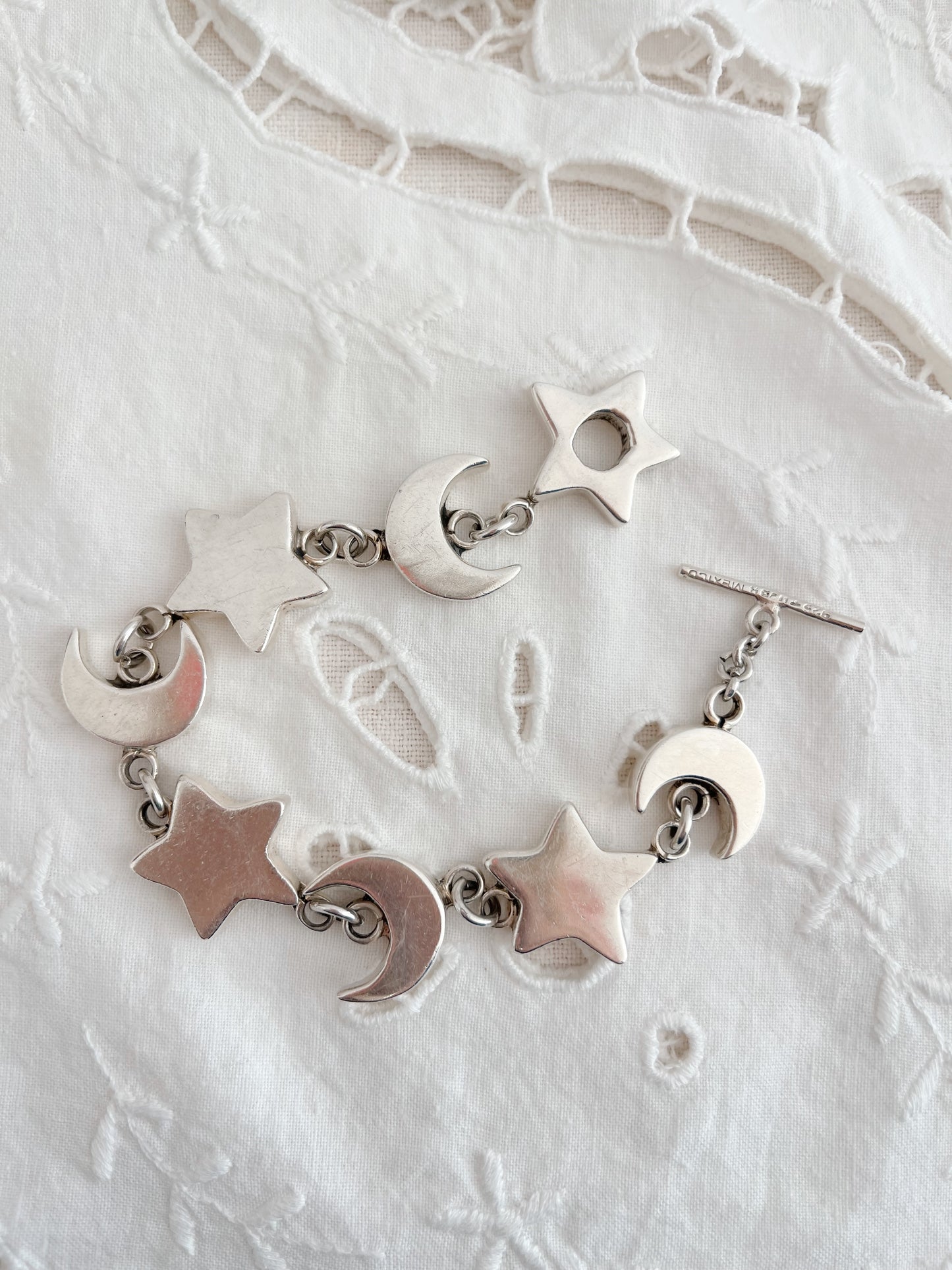 Vintage Heavy Silver Moon and Star Bracelet