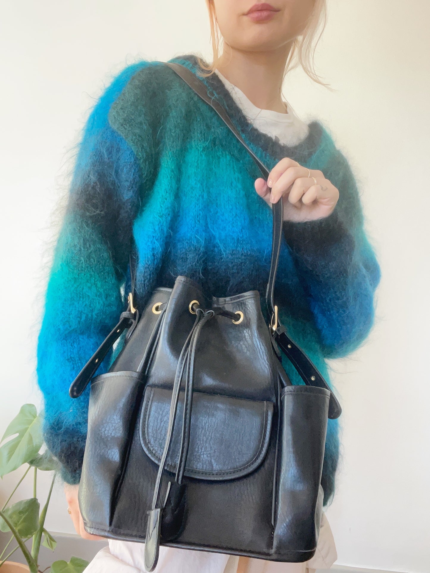 Black Leather Bucket Shoulder Bag