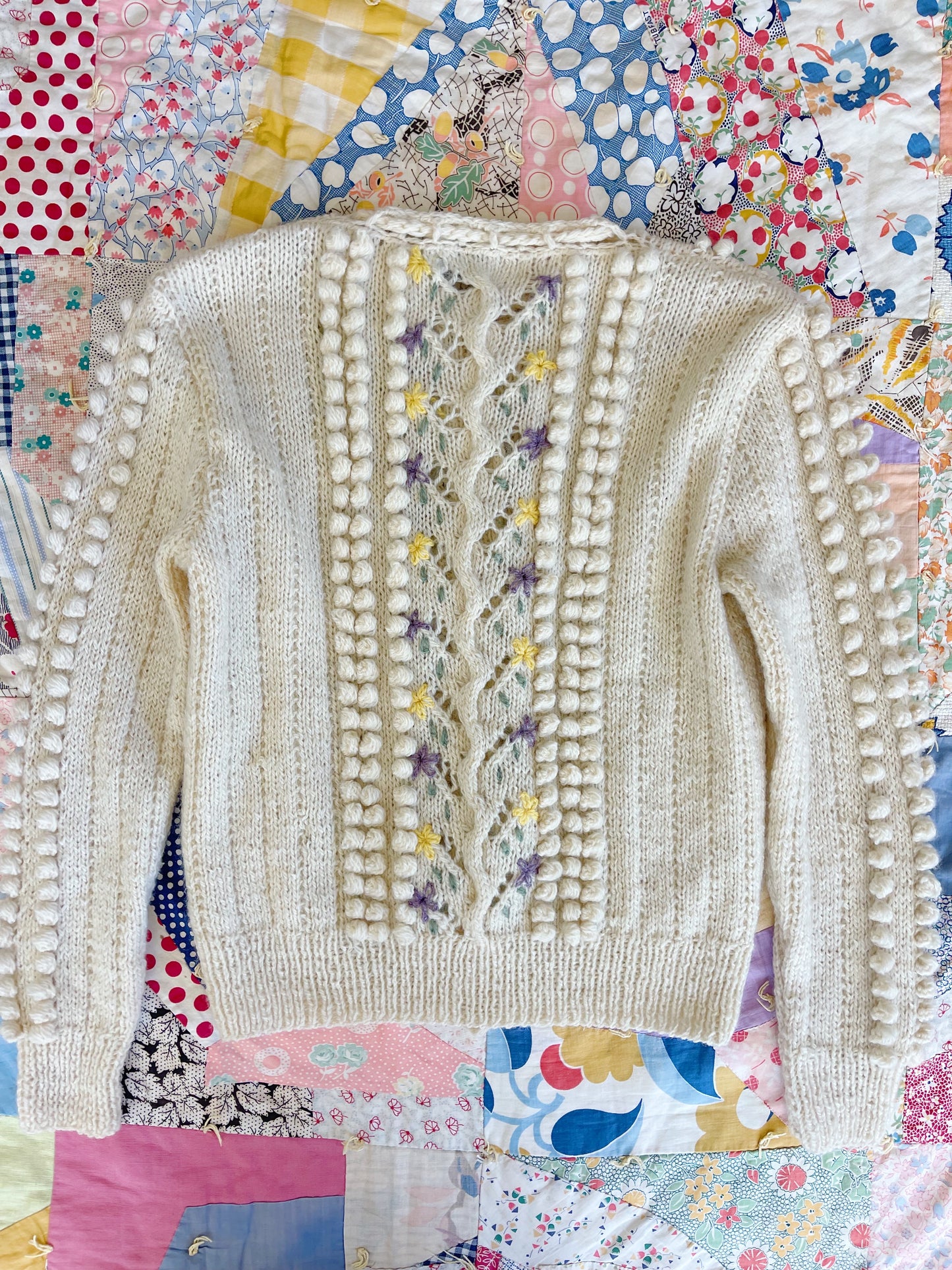 1970s Pom Pom Flower Knit Cardigan