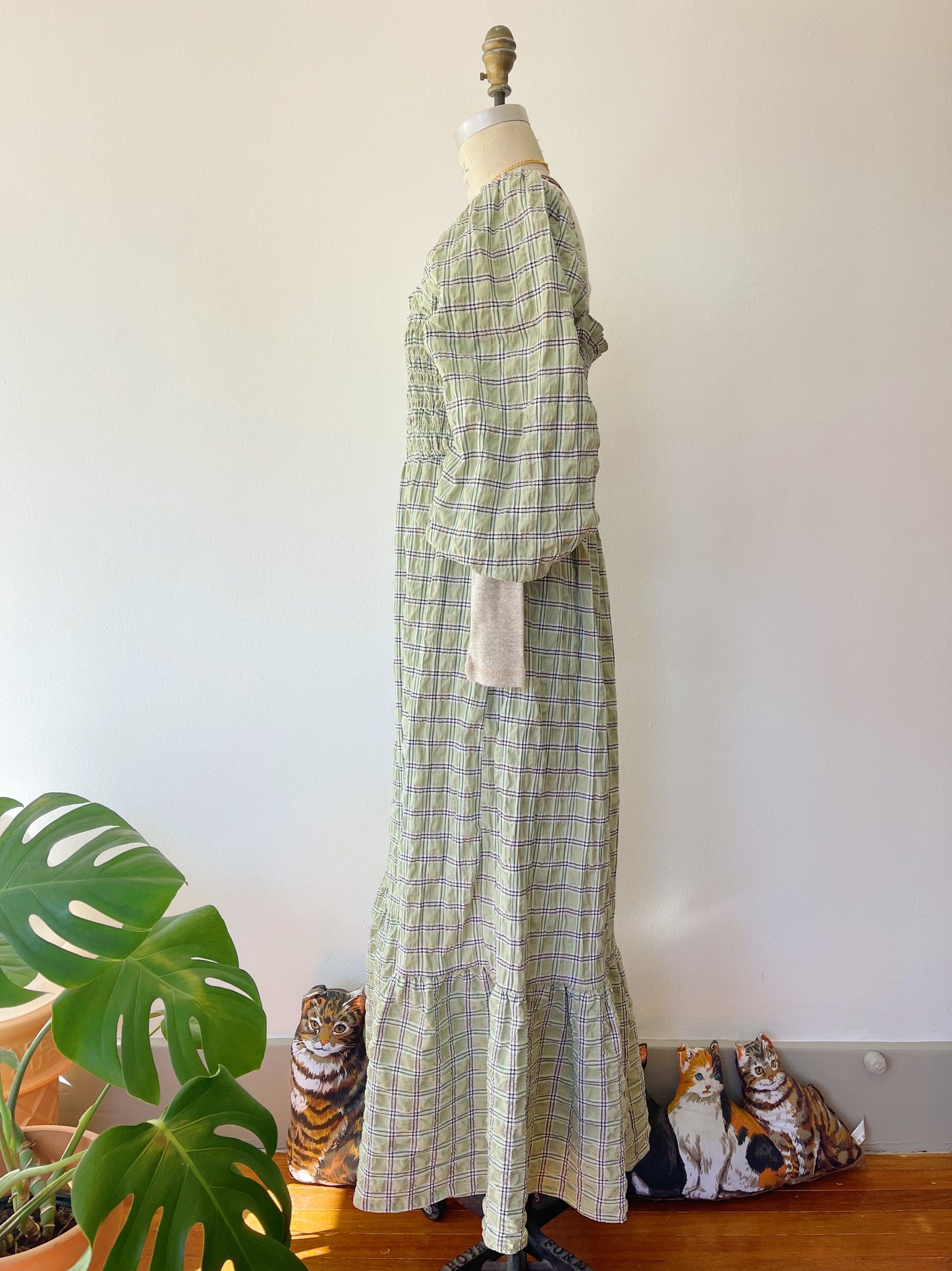 Checked Puff Sleeve Long Dress