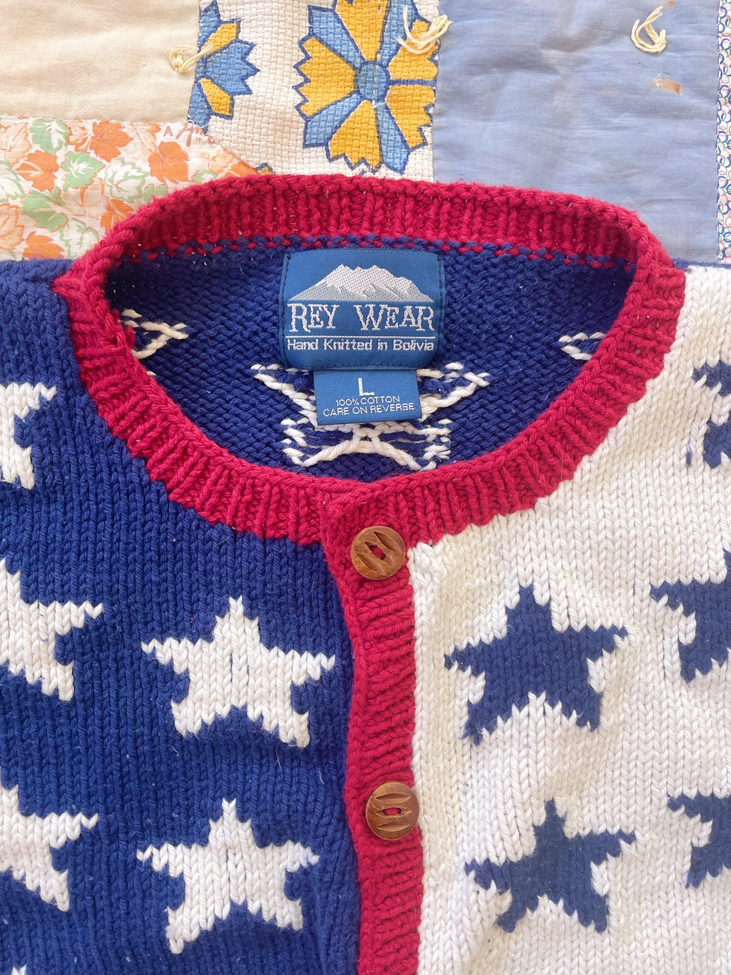 1990s U.S.A.Stars Cotton Hand Knitted Cardigan