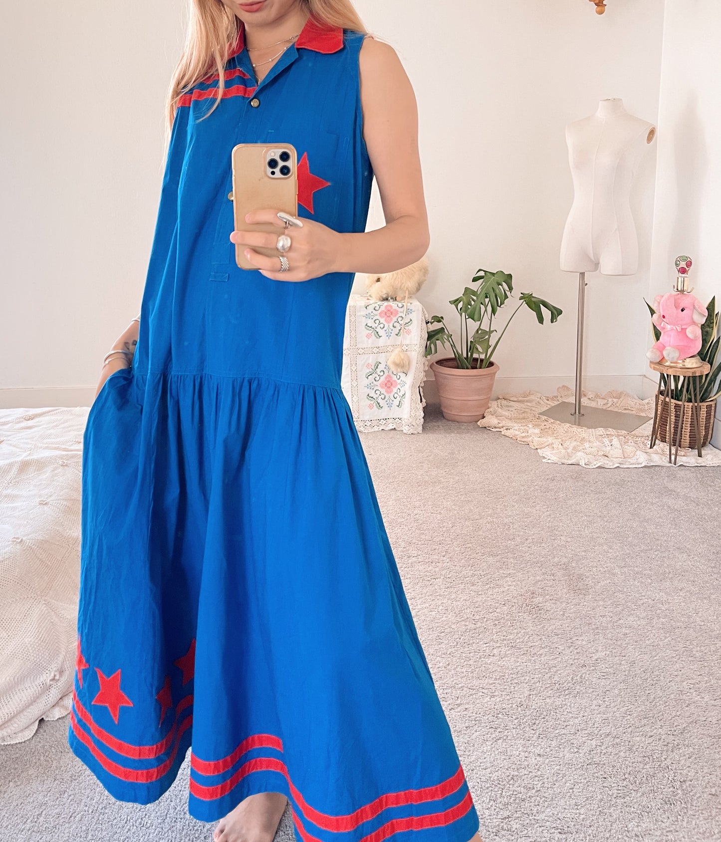 1980’s Blue and Red Ster LongCotton Dress.