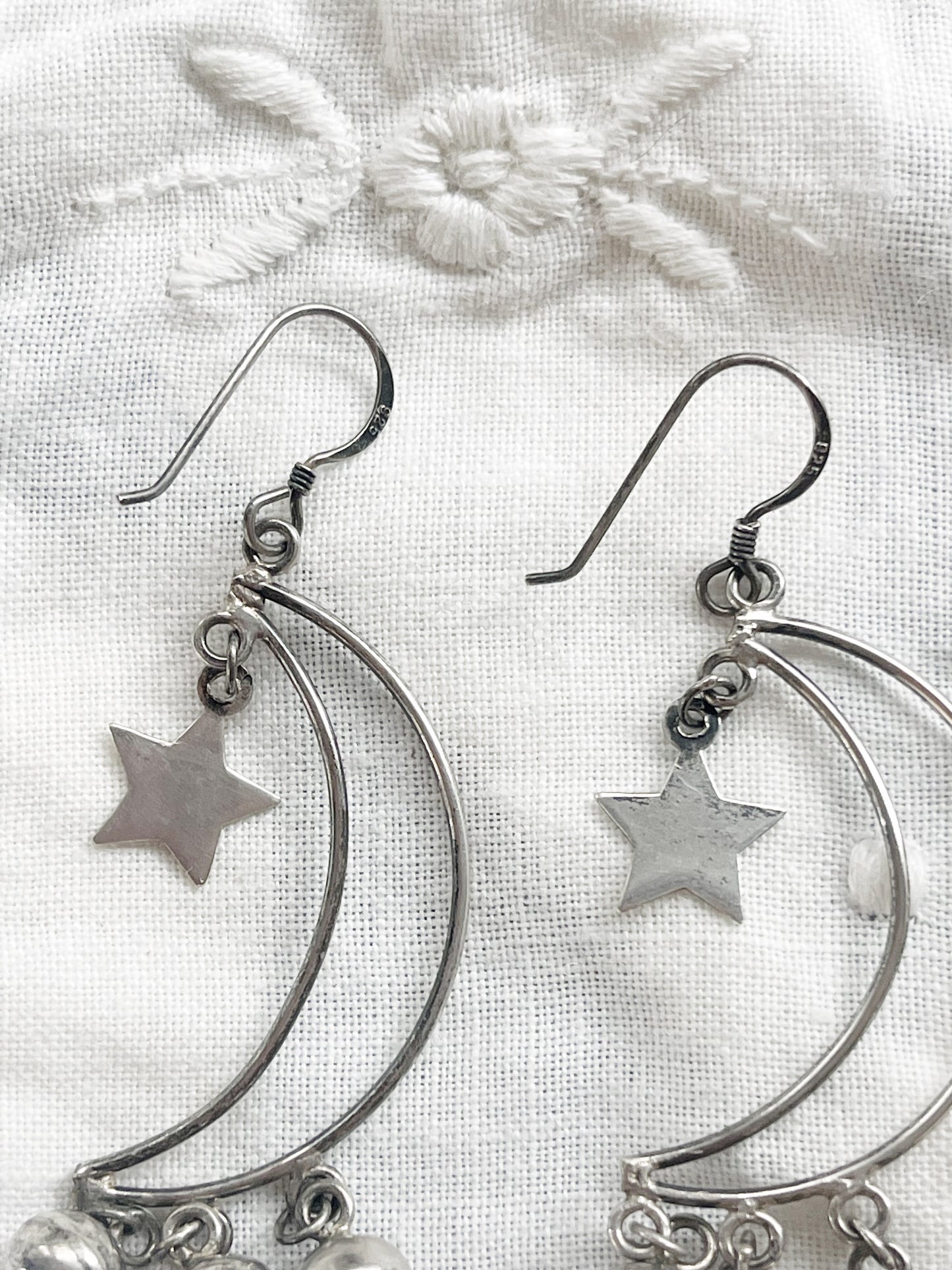 Vintage Crescent Moon with Stars Silver 925 Pierce