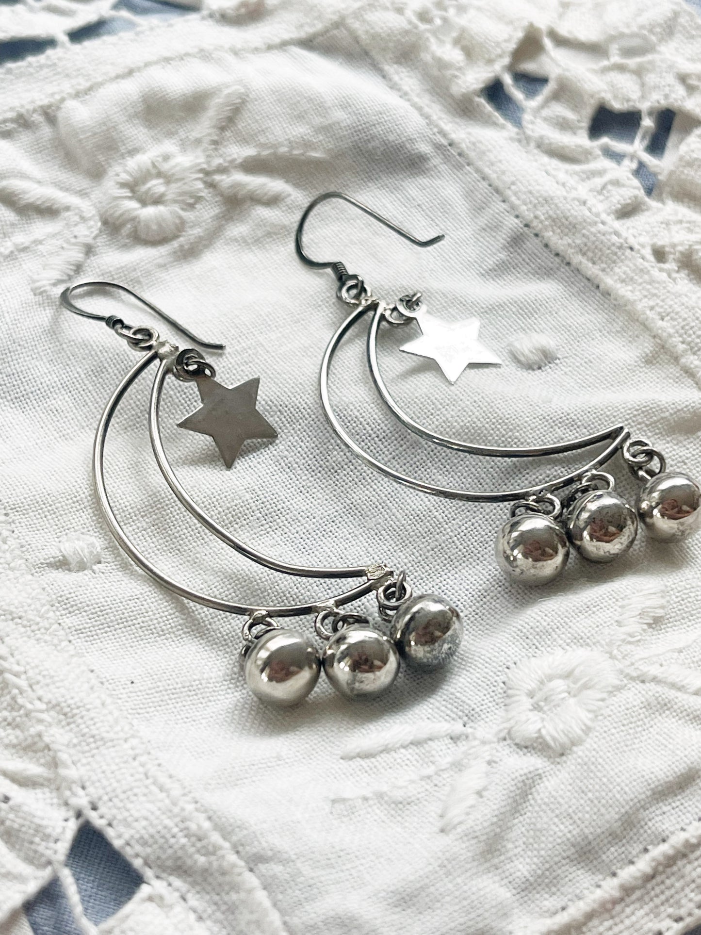 Vintage Crescent Moon with Stars Silver 925 Pierce