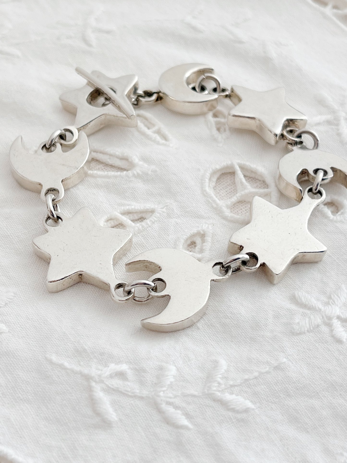 Vintage Heavy Silver Moon and Star Bracelet