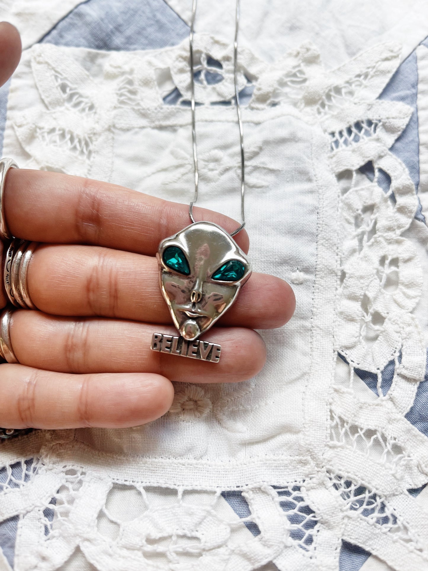 1990s Alien Silver Pin and Necklace