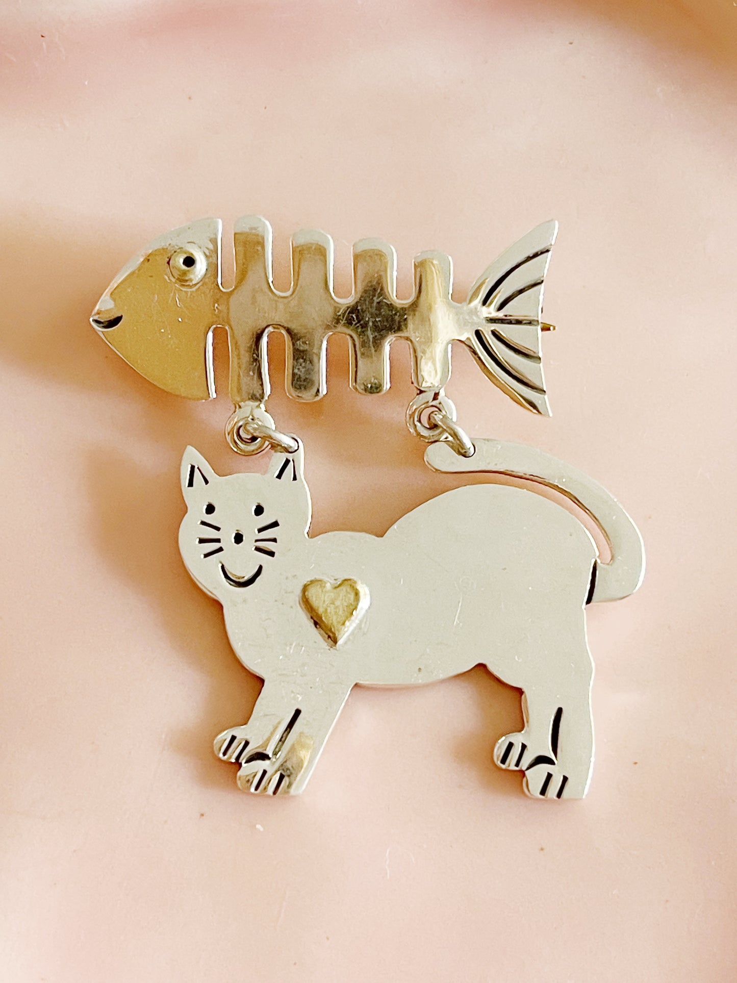 1990’s Cat and Fish Silver Brooch Pin.