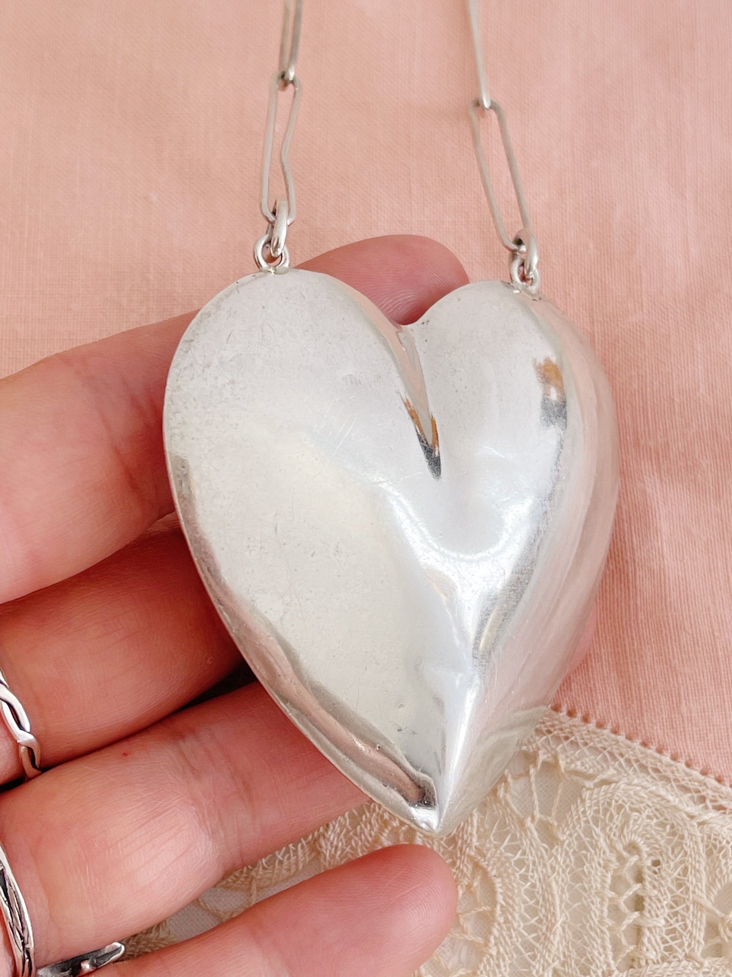 1980‘s Silver Large Puffy Heart Necklace.