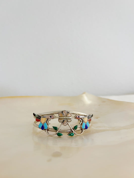 Vintage Zuni Humming Bird with Flower Cuff Bangle.