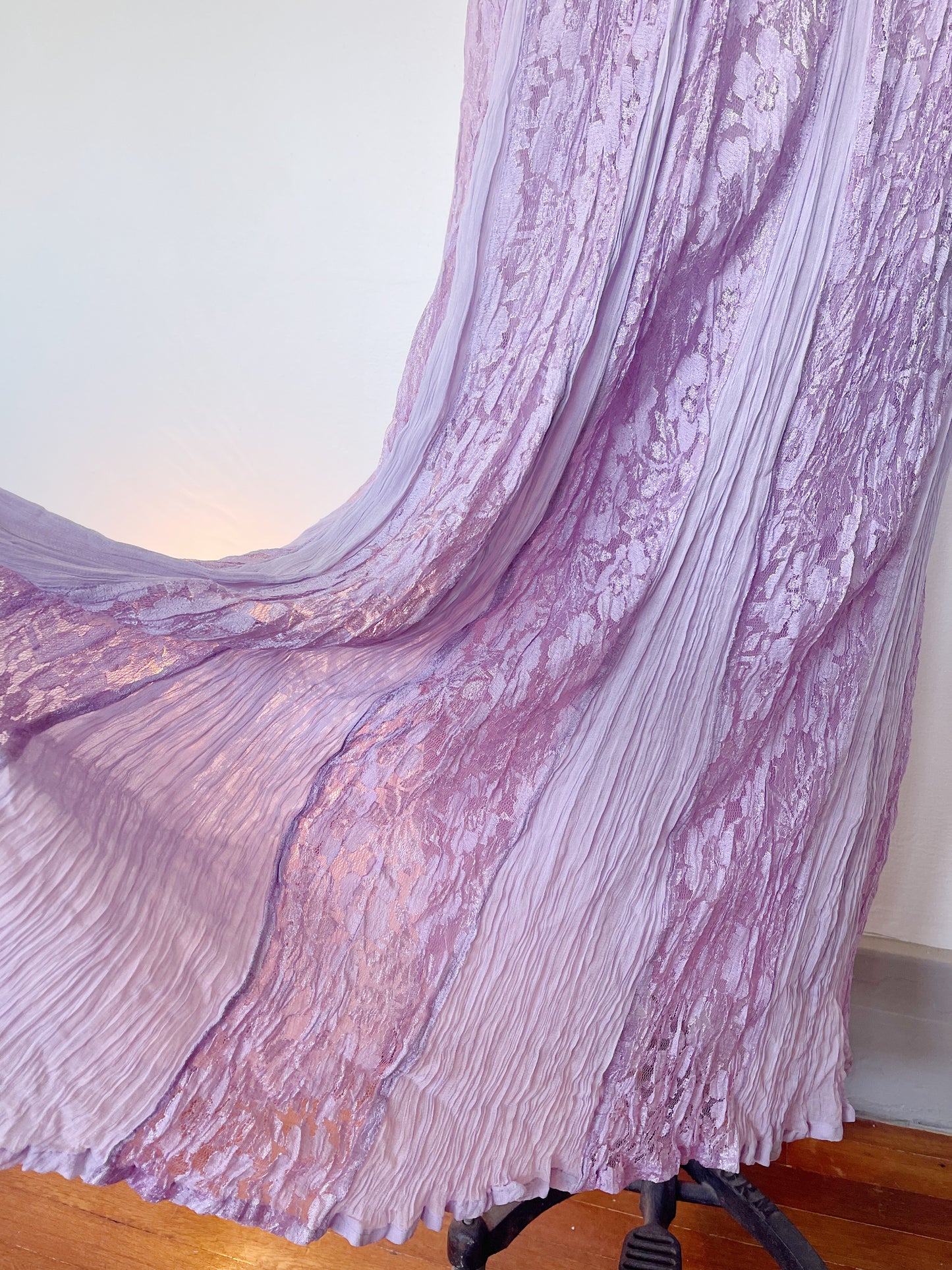 1990s Rayon Purple Color Lace Maxi Dress