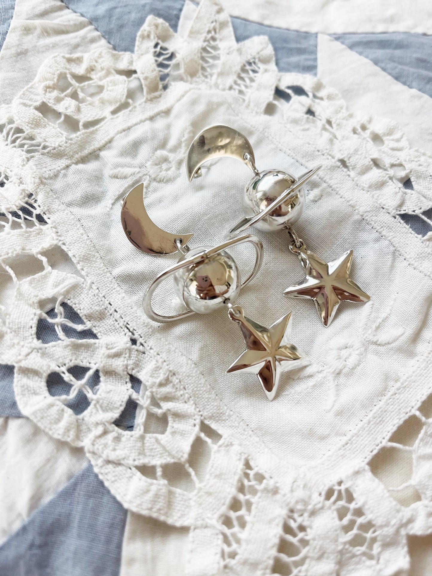 Rare ! Vintage Galaxy Planet Silver 925 Pierce