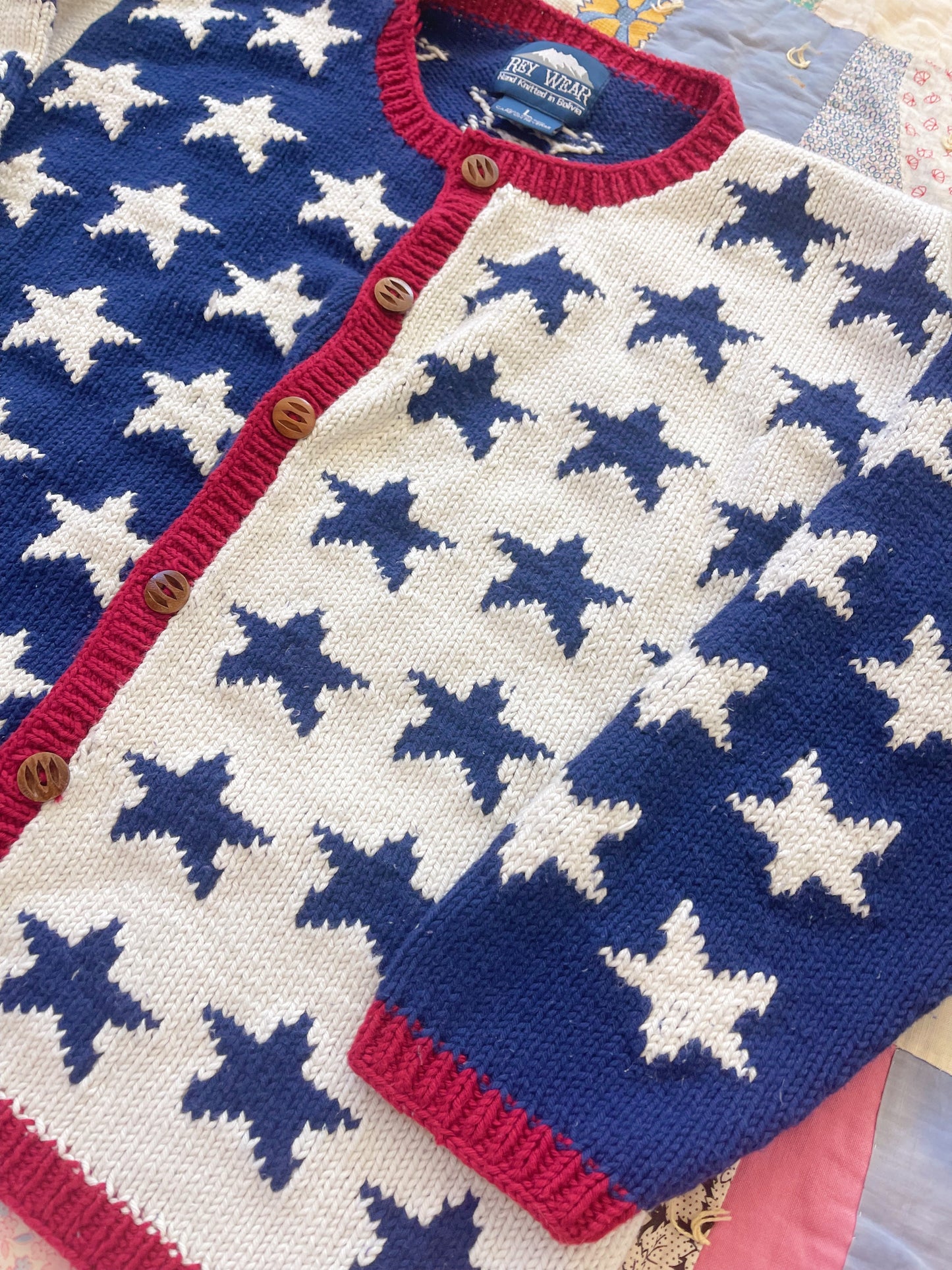 1990s U.S.A.Stars Cotton Hand Knitted Cardigan