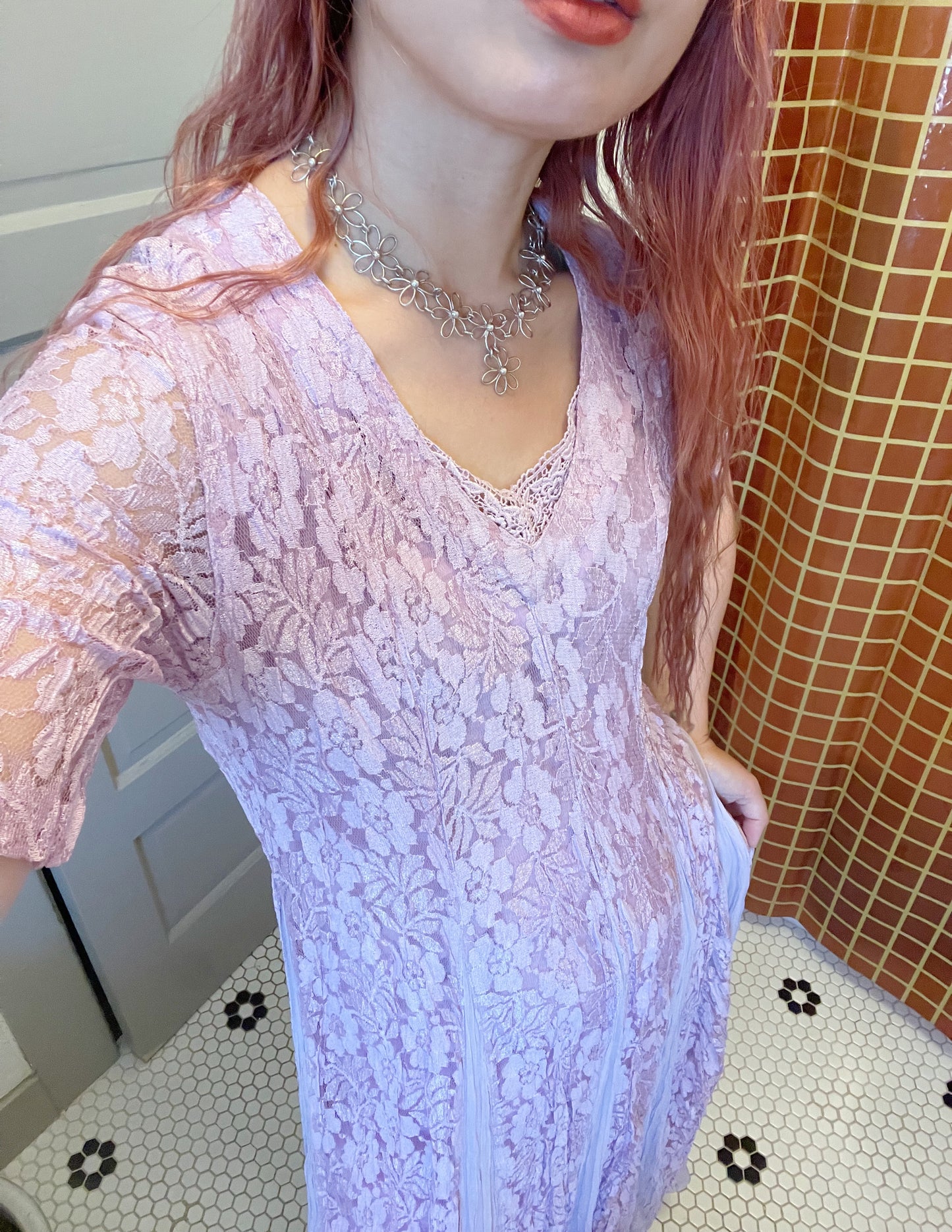 1990s Rayon Purple Color Lace Maxi Dress