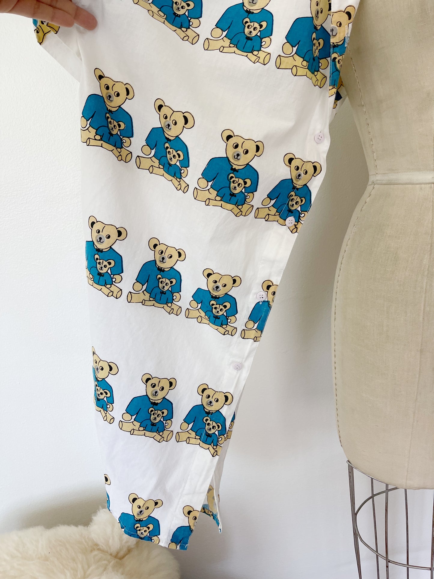 Vintage Bear Printed Unique Long Shirt (Blue)