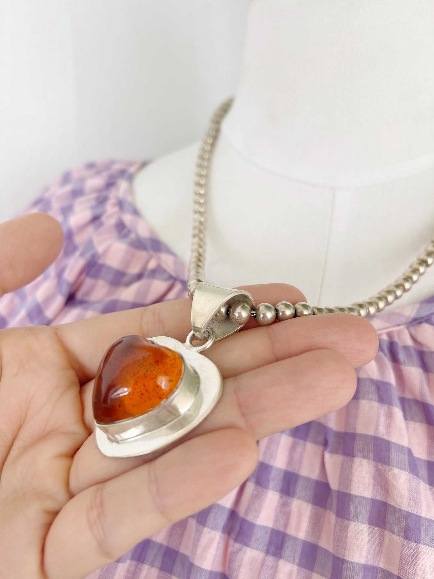 Vintage Amber Heart Silver Pendant Top.