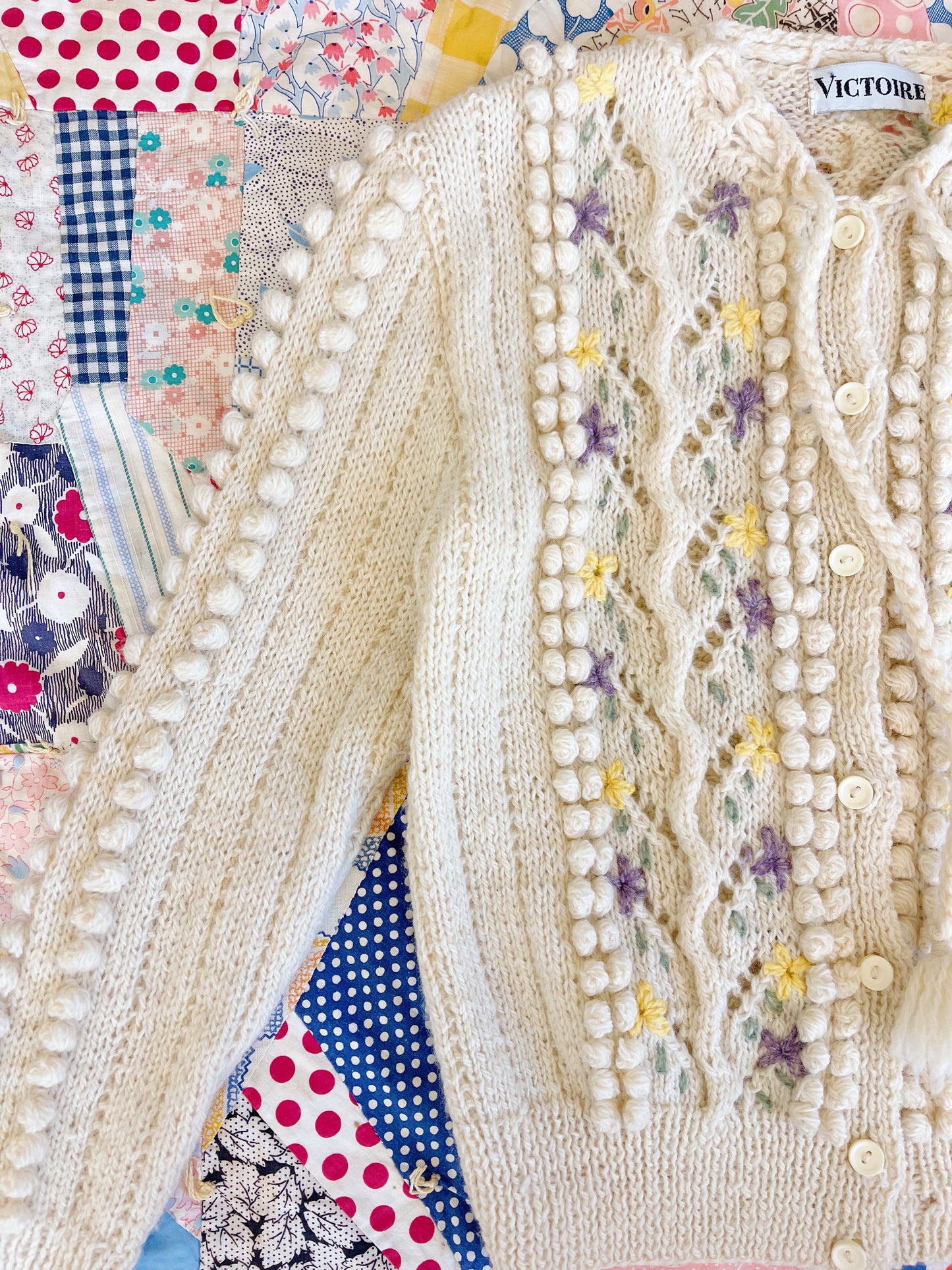 1970s Pom Pom Flower Knit Cardigan