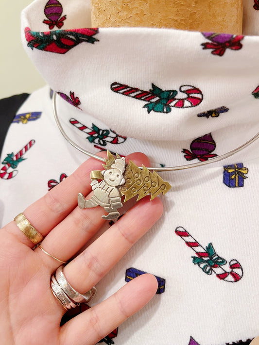 Vintage Christmas Tree Brass and Silver Brooch Pin