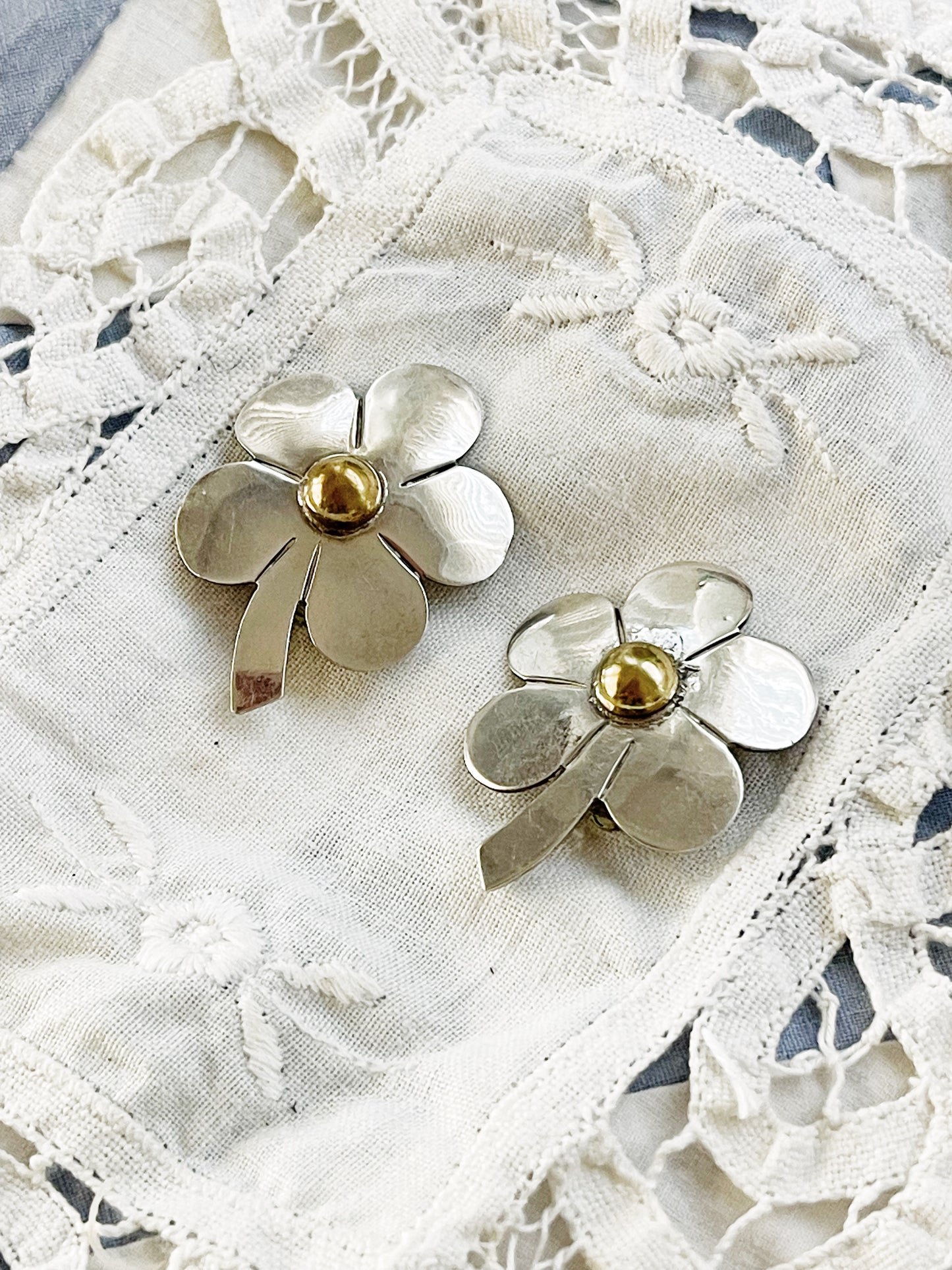 Vintage Mexican Silver Flower Clip On Earrings