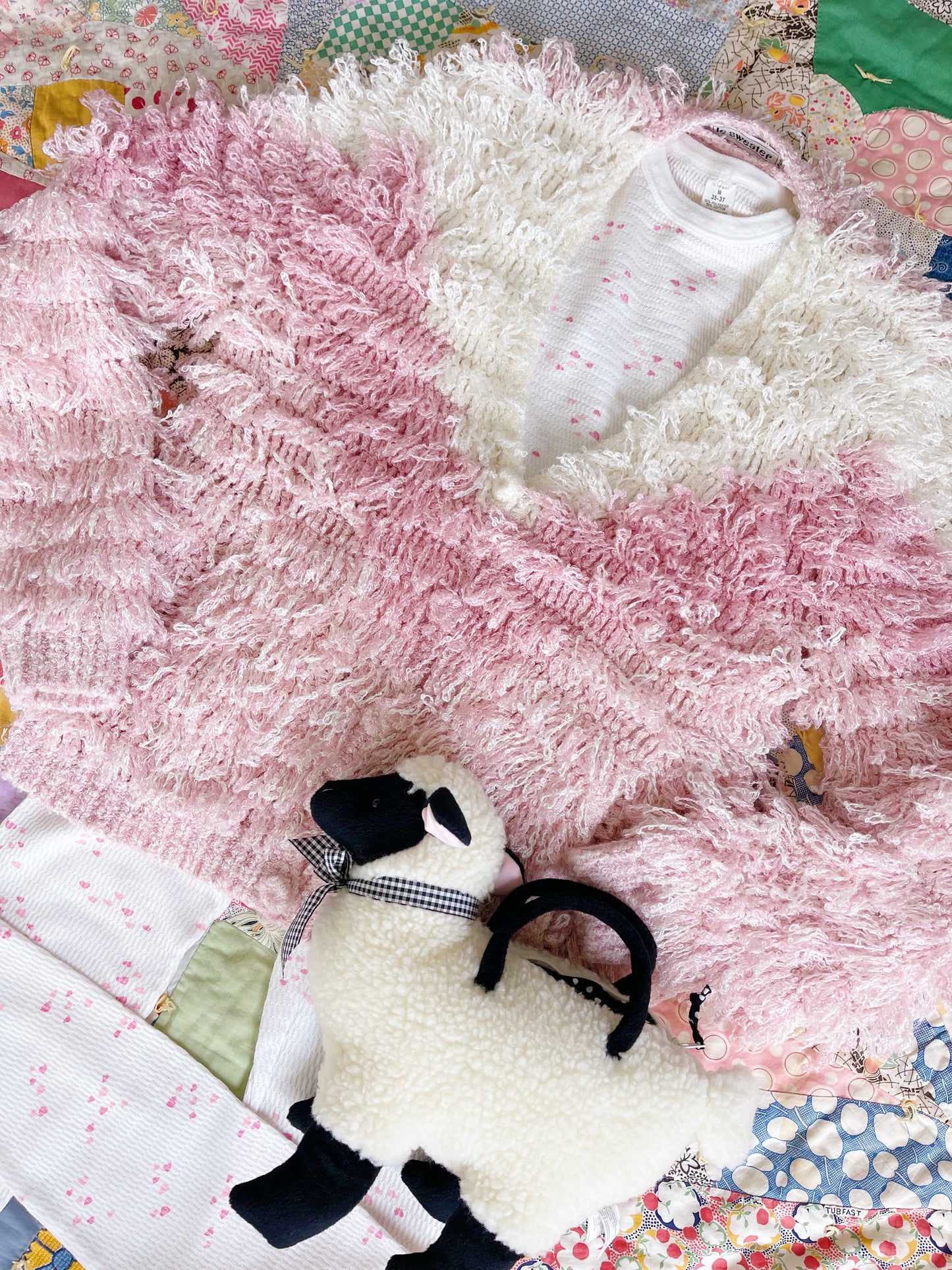 1990s Pink and White Shaggy Shaggy Cardigan