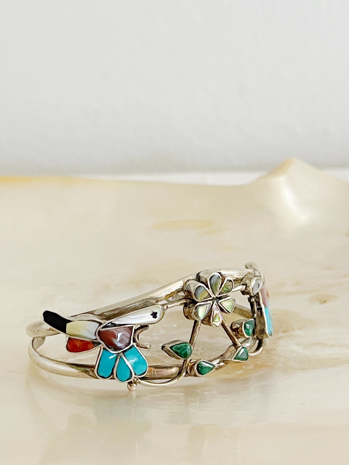 Vintage Zuni Humming Bird with Flower Cuff Bangle.