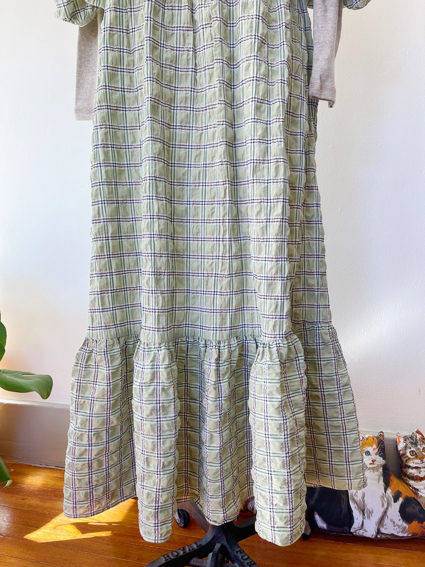 Checked Puff Sleeve Long Dress