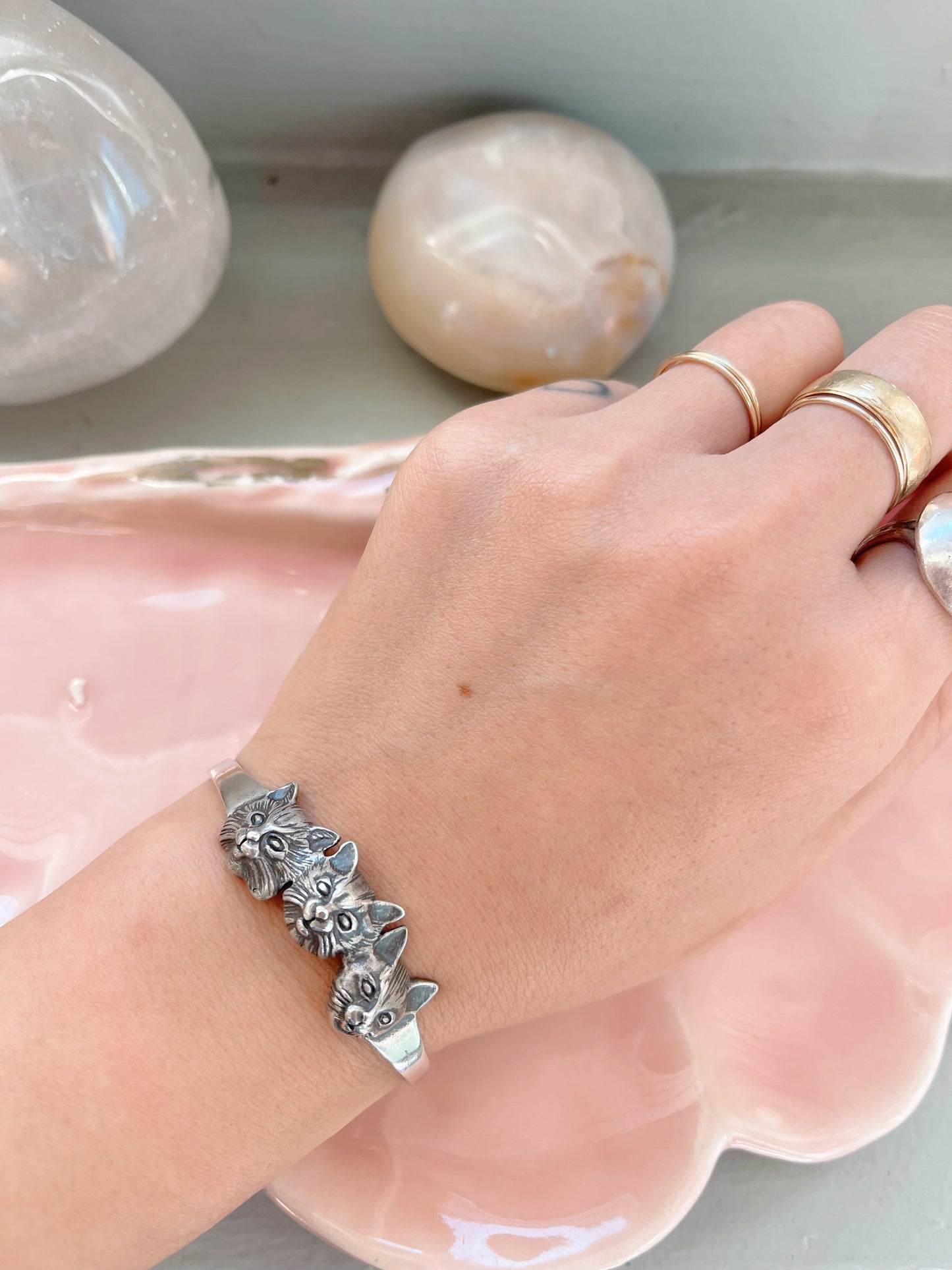 Vintage Cats Sterling Silver Bangle Cuff