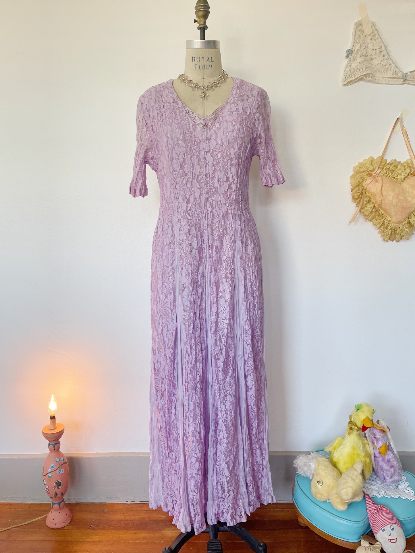 1990s Rayon Purple Color Lace Maxi Dress