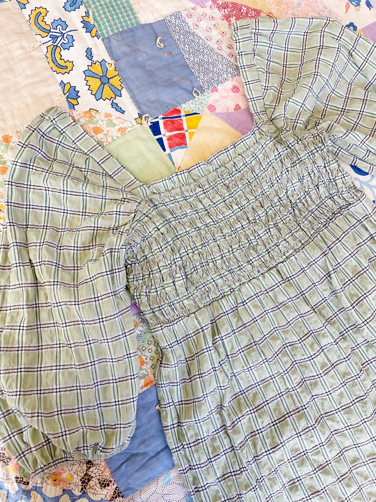 Checked Puff Sleeve Long Dress